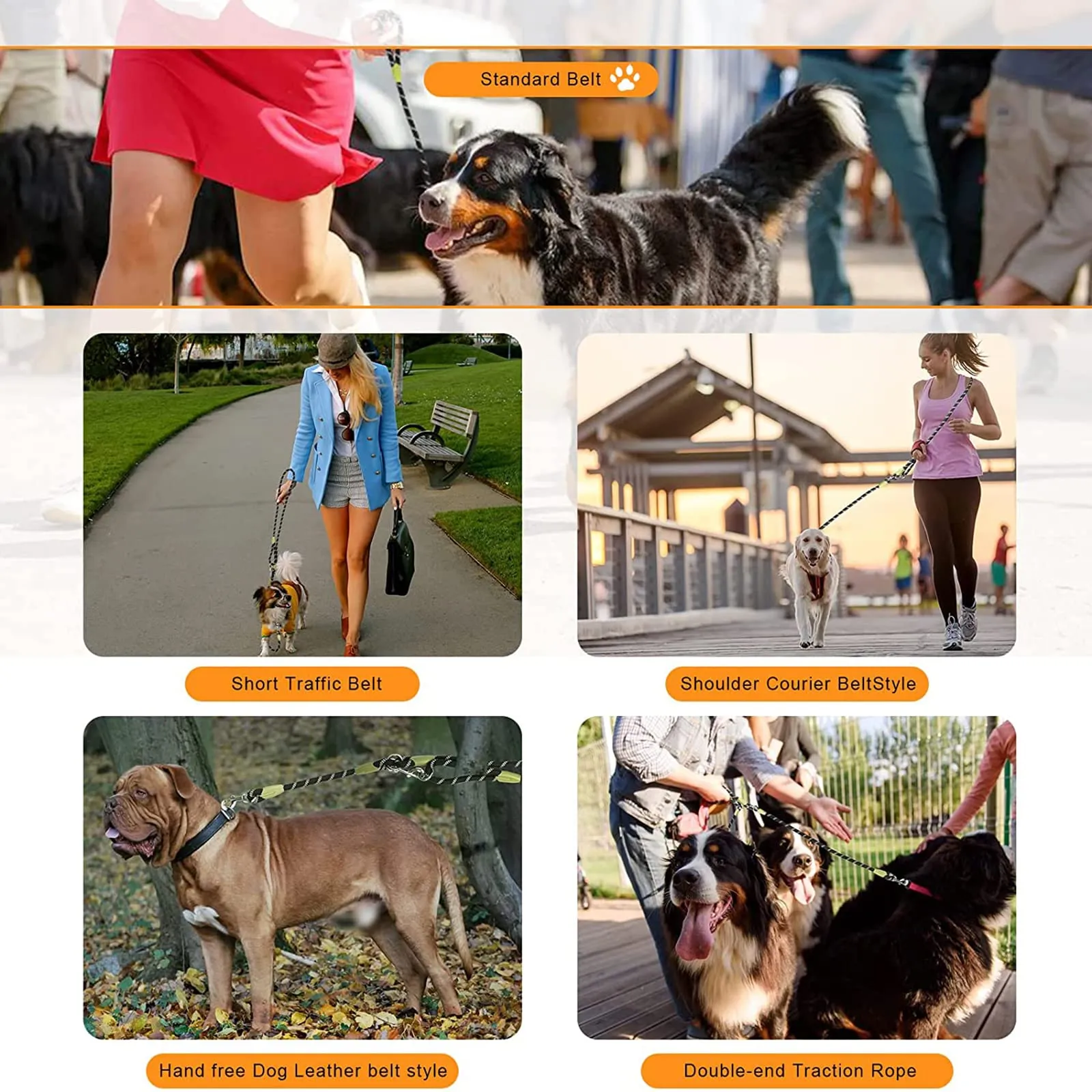 Eyeleaf Guinzaglio Mani Libere per Cani Riflettente Guinzaglio per Cani 2,3 Metri Lungo Guinzaglio Addestramento per Cani Taglia Grande Media e Piccola Arancione - immagine 4