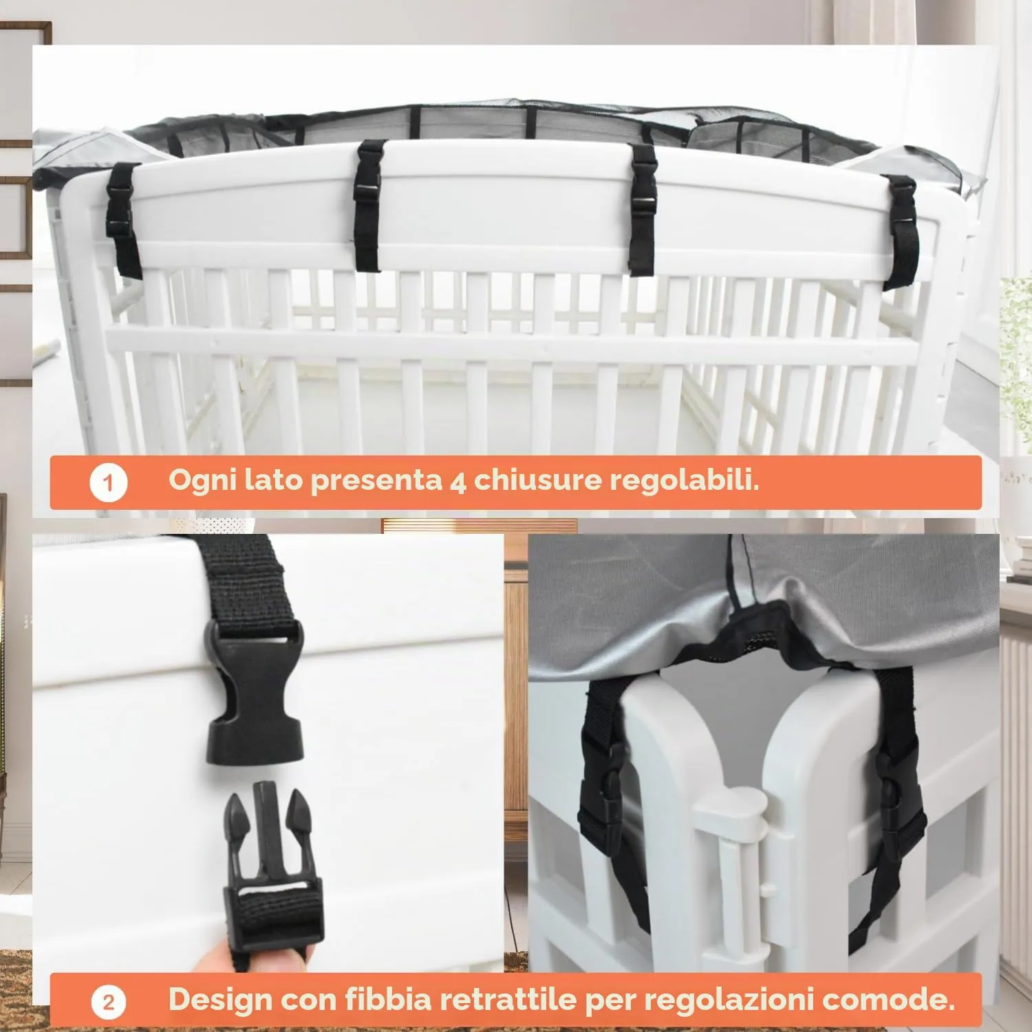 Zuisfa Copertura rete box cani, penna plastica 91 cm, 4 pannelli, nera, connessioni fibbia telescopica - immagine 4