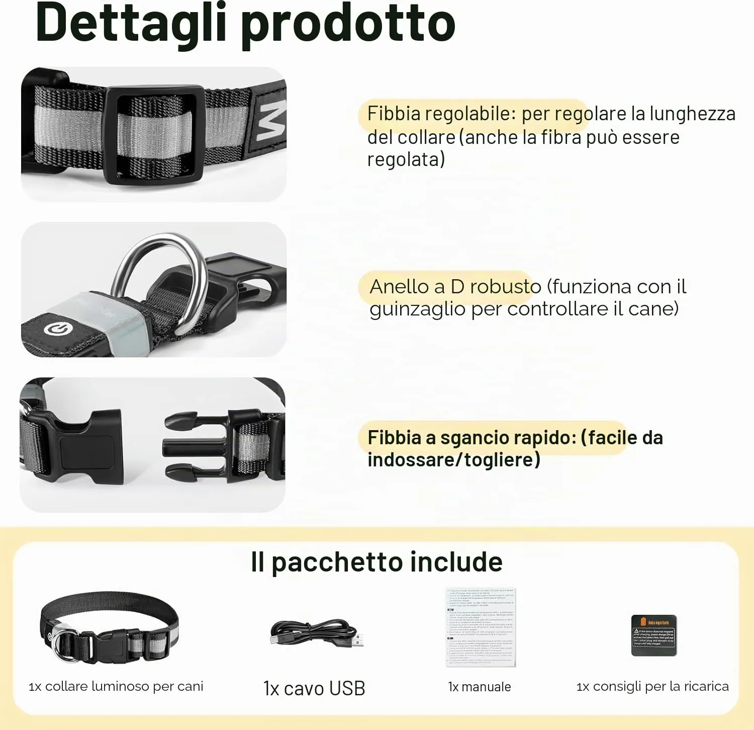 PcEoTllar Collare Luminoso per Cani, Impermeabile, Nero-S - immagine 4