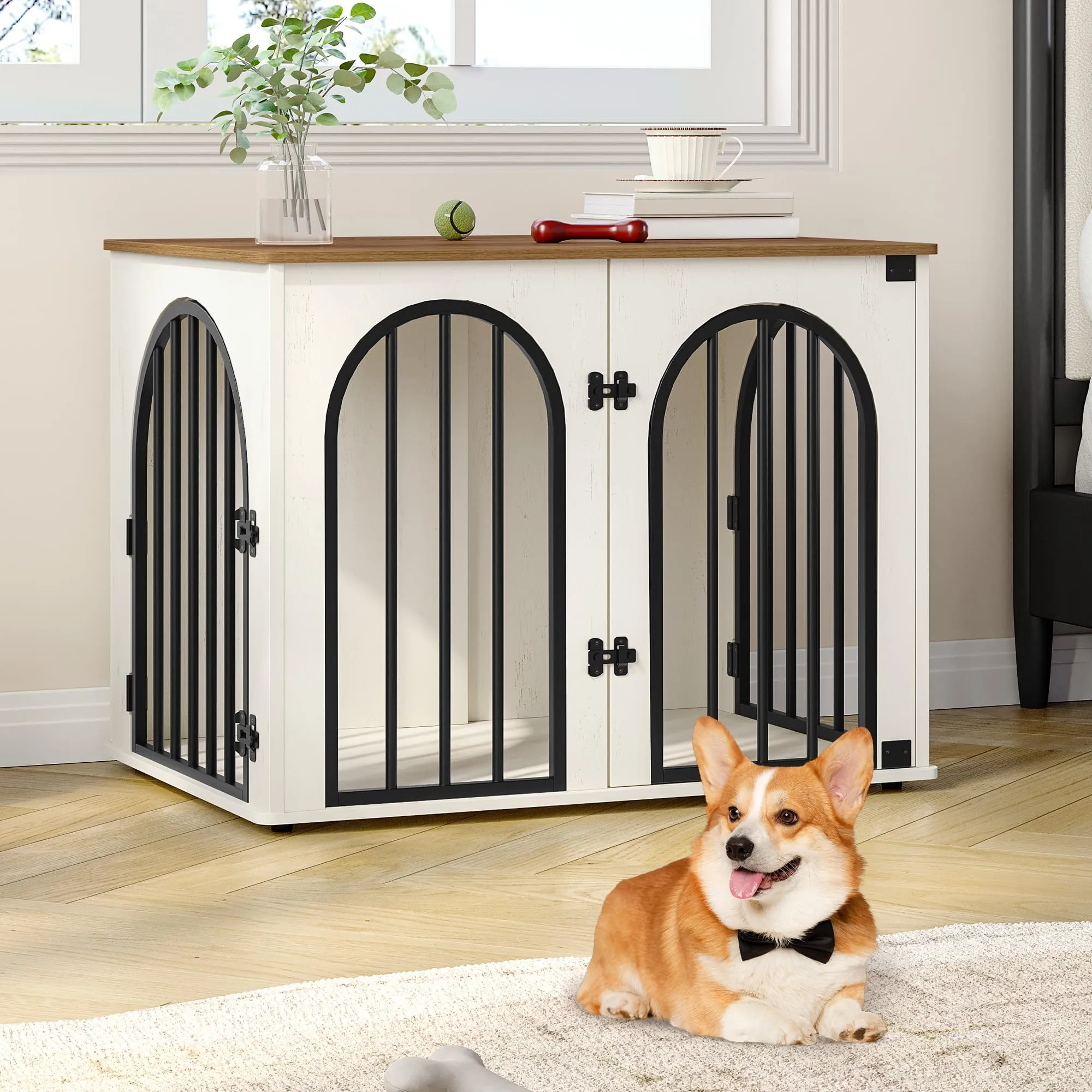 Hzuaneri 80 cm Gabbia per Cani, Bianco e Marrone, Tavolo Supplemento - immagine 9