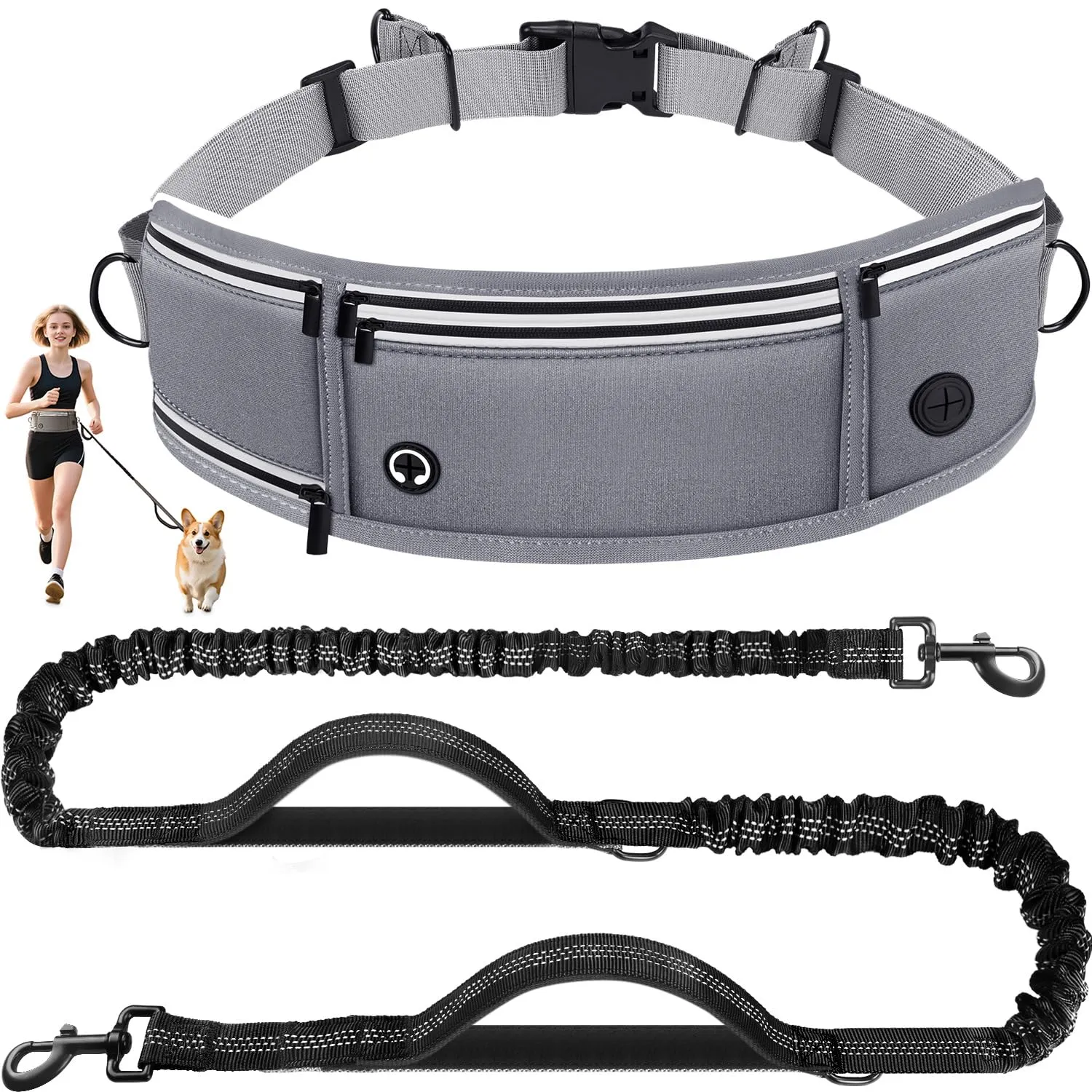 Looxmeer Guinzaglio Mani Libere per Cani, Guinzaglio per Cani da Corsa, Passeggio, Trekking con Cintura in Vita Regolabile e Custodia per l'Acqua con Filo Riflettente, Grigio - immagine 1