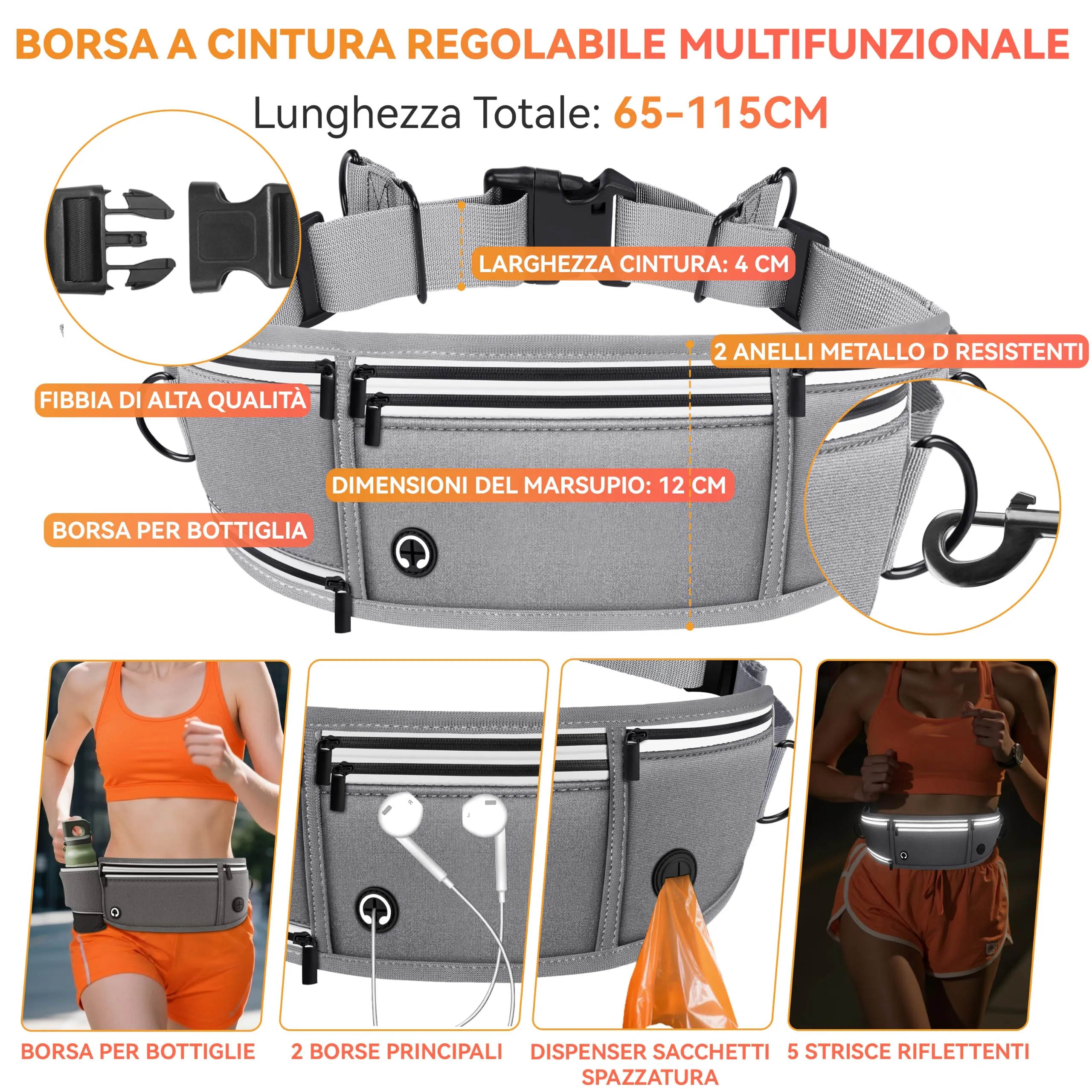 Looxmeer Guinzaglio Mani Libere per Cani, Guinzaglio per Cani da Corsa, Passeggio, Trekking con Cintura in Vita Regolabile e Custodia per l'Acqua con Filo Riflettente, Grigio - immagine 2