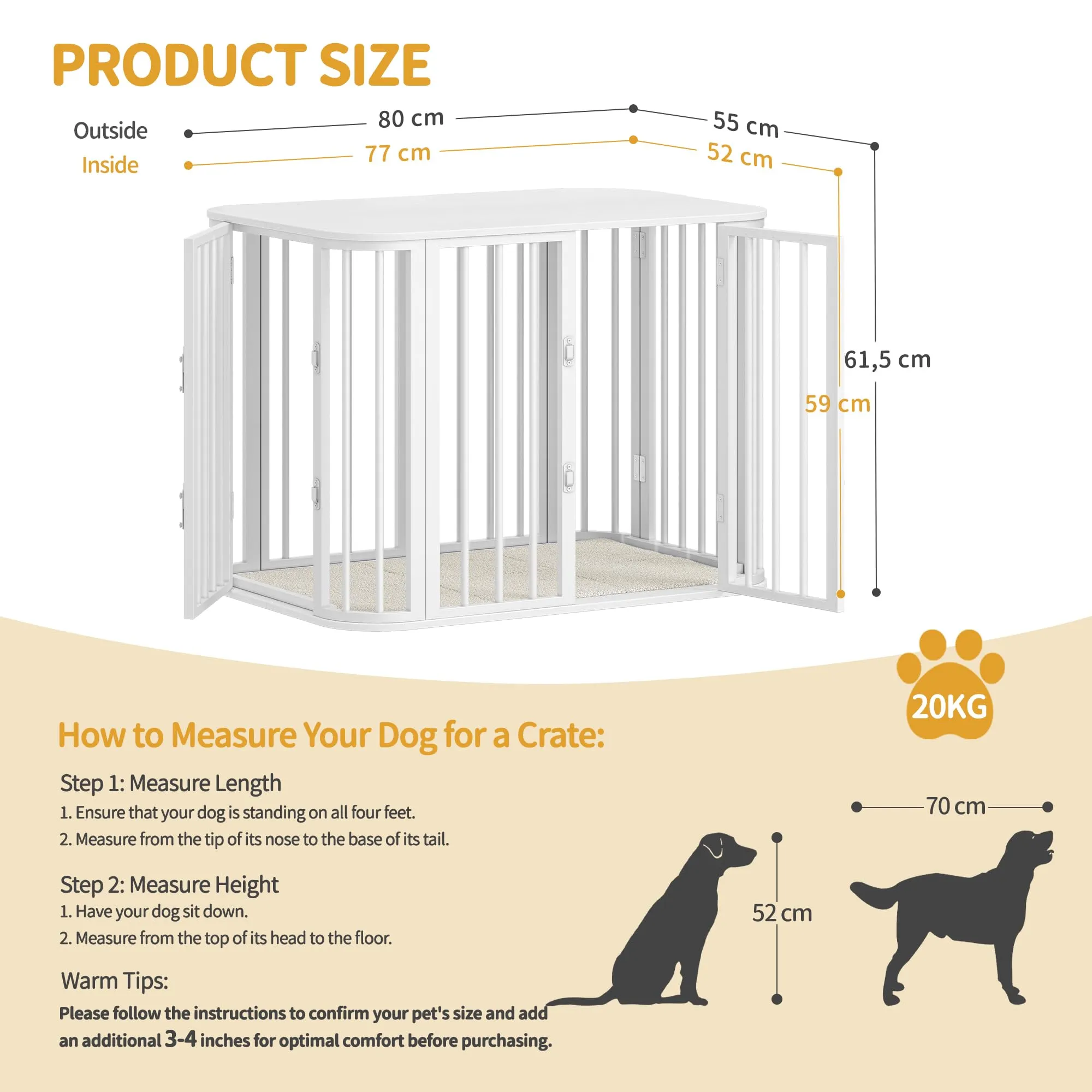 Hzuaneri Gabbia per Cani da Interno 80 cm, kennel Cane Medio con Cuscino, 3 Porte per Cani di Piccola Media, 55 x 80 x 61,5 cm,M, Bianco DFC87713W - immagine 8