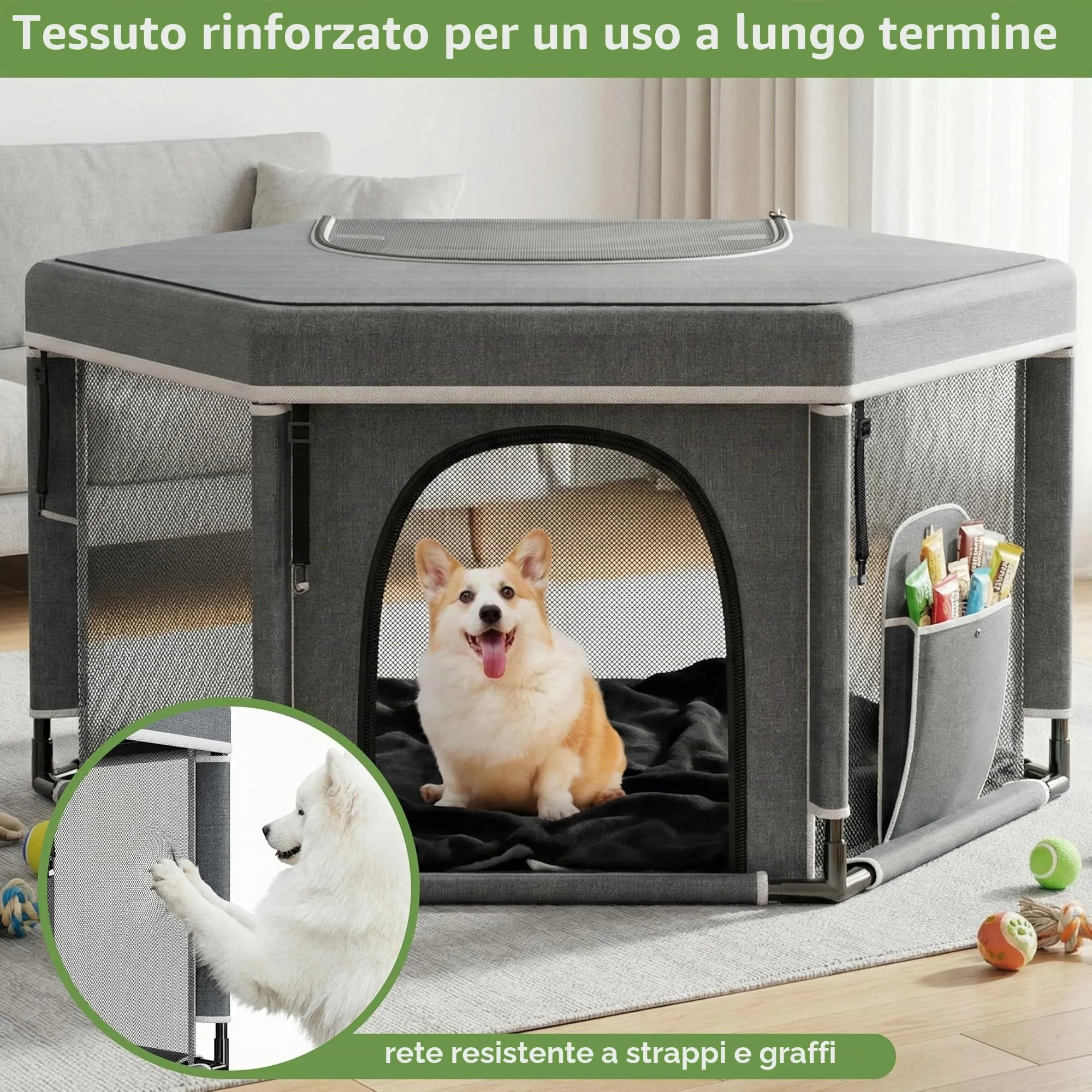 Cofanetto esagonale per cuccioli extra alti, box razze grandi e piccole, accessorio per cuccioli, indispensabile per cani, 122 x 65 cm - immagine 5