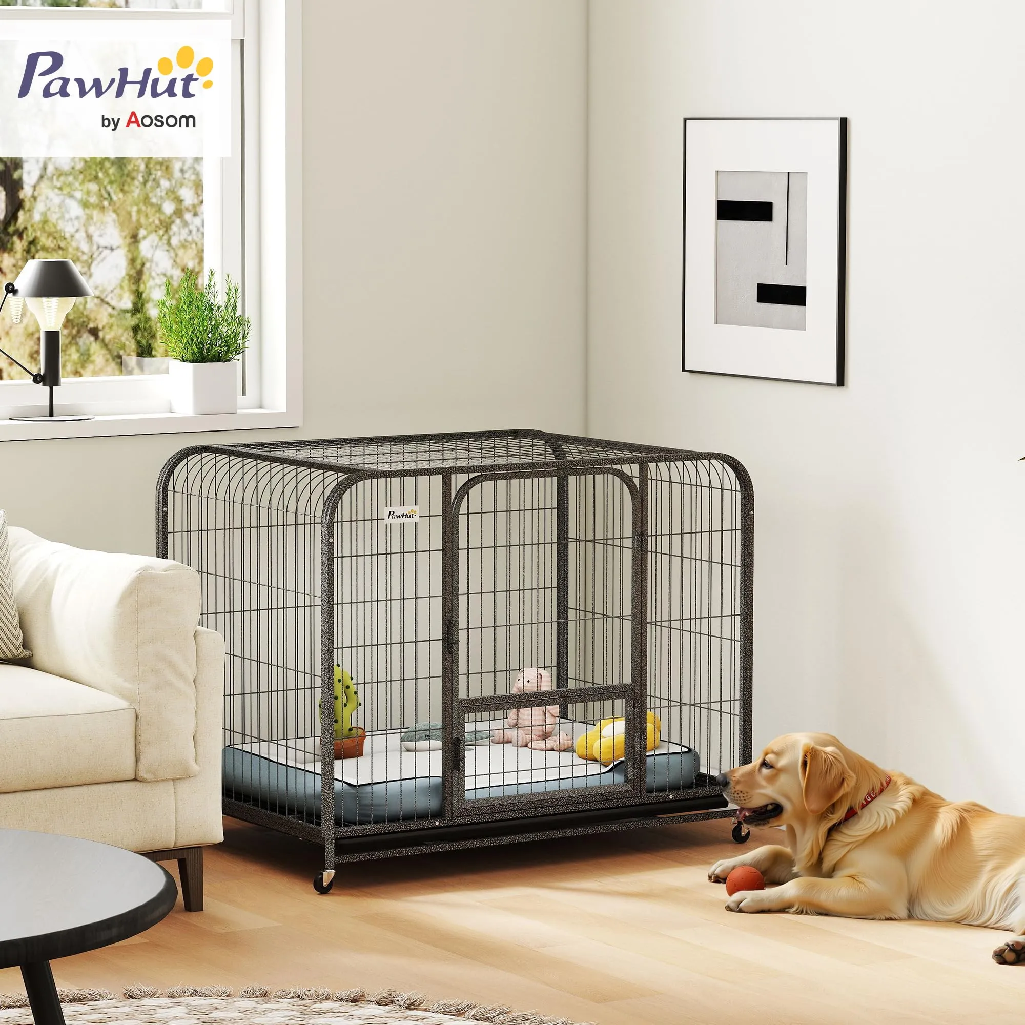 PawHut Gabbia per Cani Robusta con Ruote e 3 Porte, 109x72x85 cm Nero - immagine 2