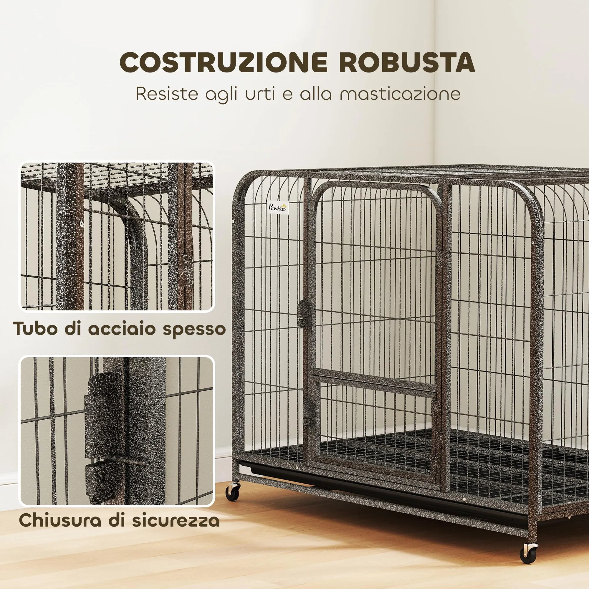 PawHut Gabbia per Cani Robusta con Ruote e 3 Porte, 109x72x85 cm Nero - immagine 3
