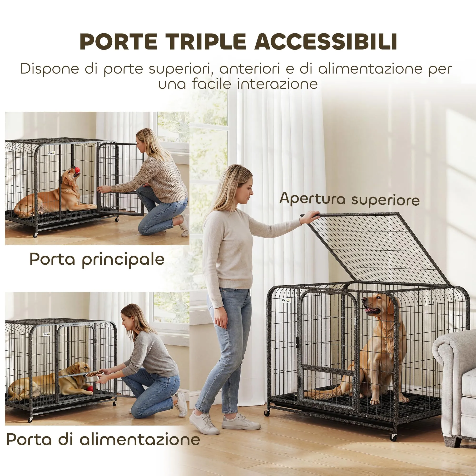 PawHut Gabbia per Cani Robusta con Ruote e 3 Porte, 109x72x85 cm Nero - immagine 4
