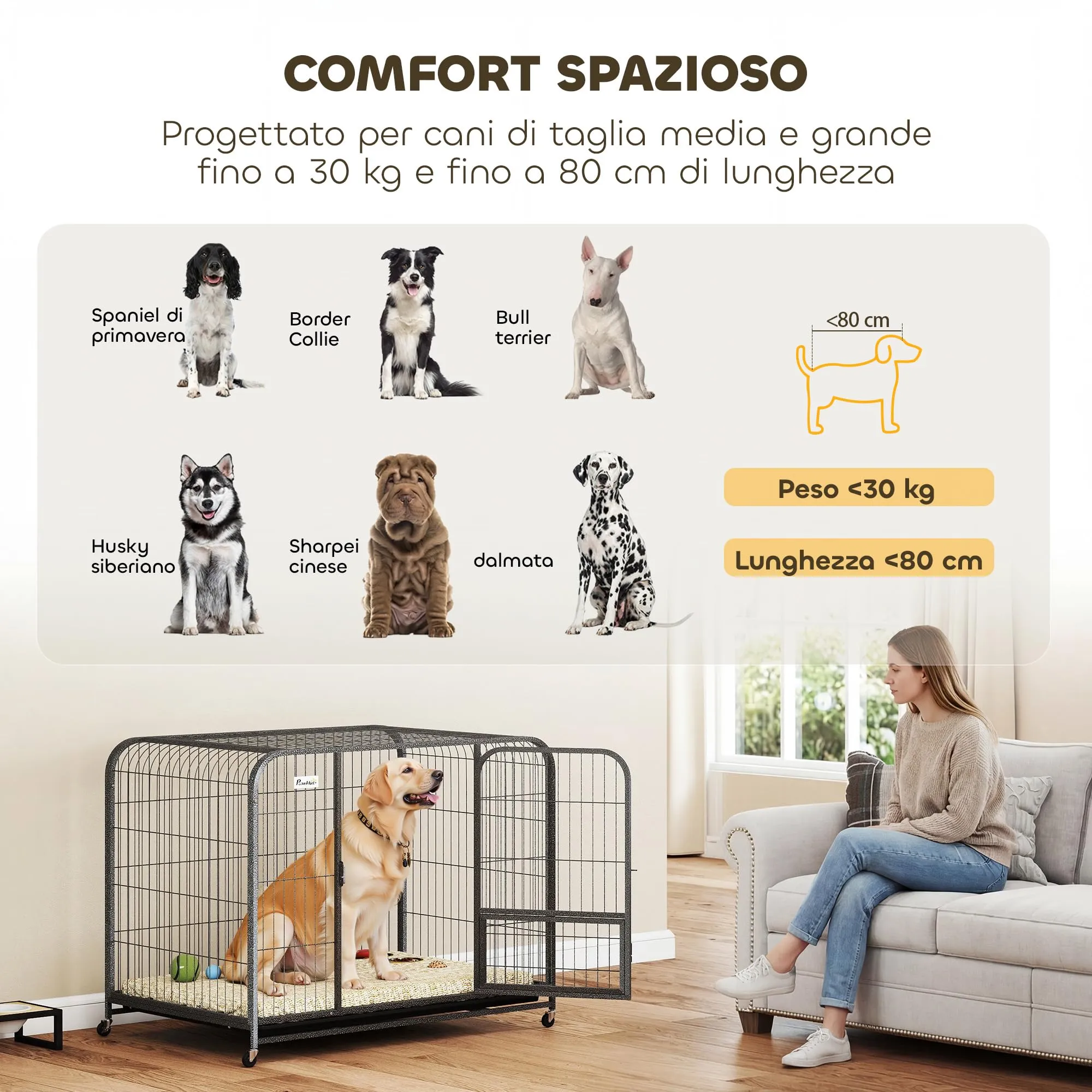 PawHut Gabbia per Cani Robusta con Ruote e 3 Porte, 109x72x85 cm Nero - immagine 5