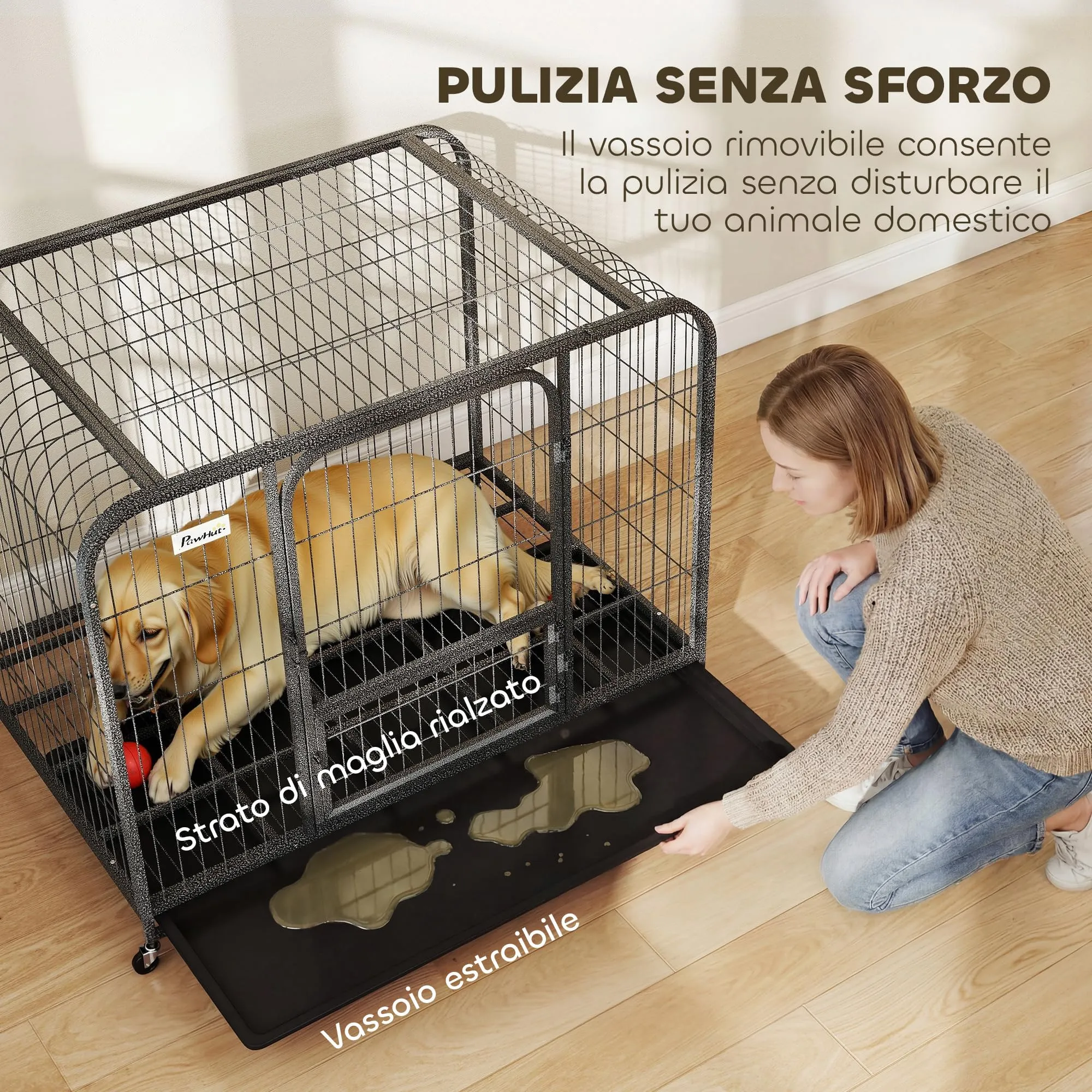 PawHut Gabbia per Cani Robusta con Ruote e 3 Porte, 109x72x85 cm Nero - immagine 6