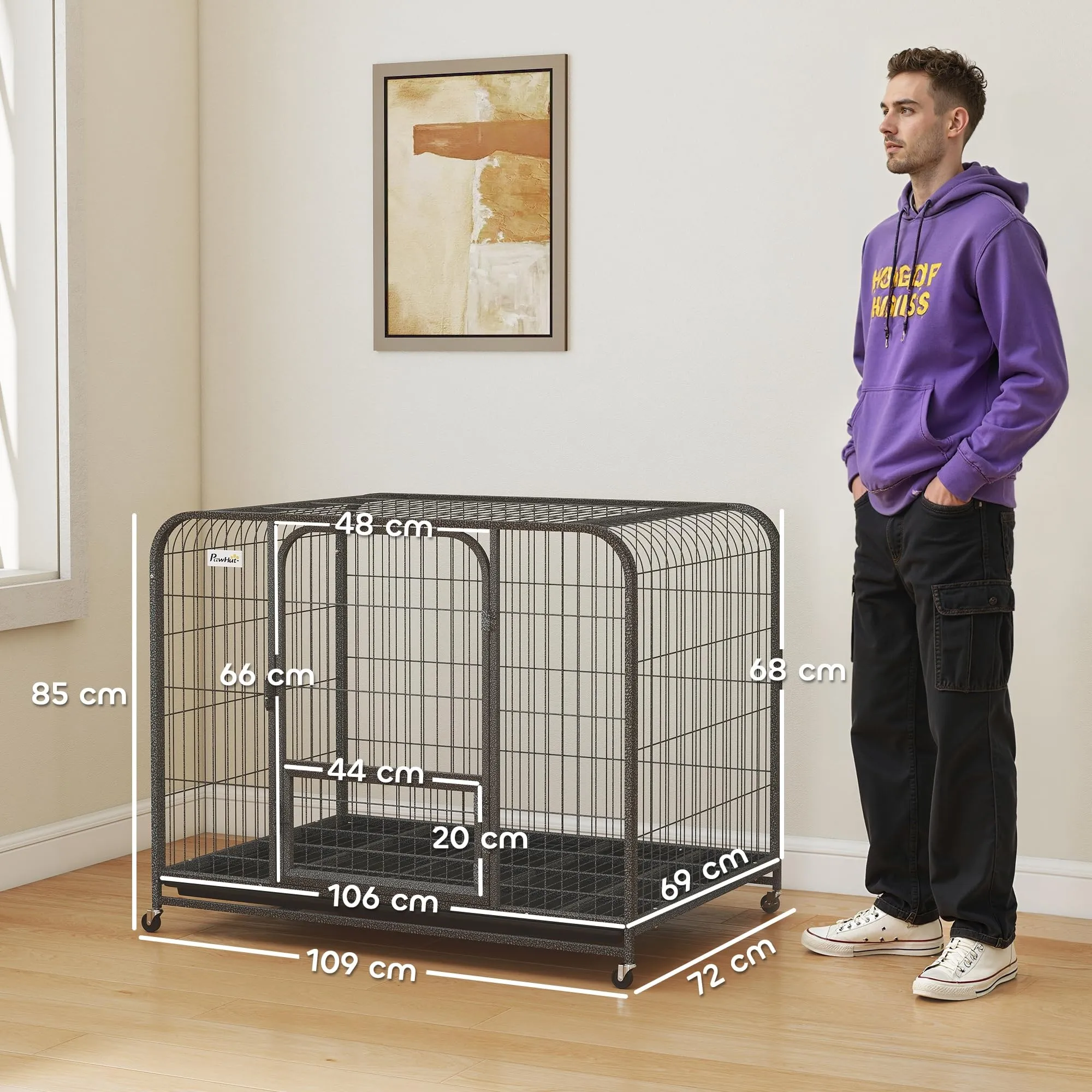 PawHut Gabbia per Cani Robusta con Ruote e 3 Porte, 109x72x85 cm Nero - immagine 7