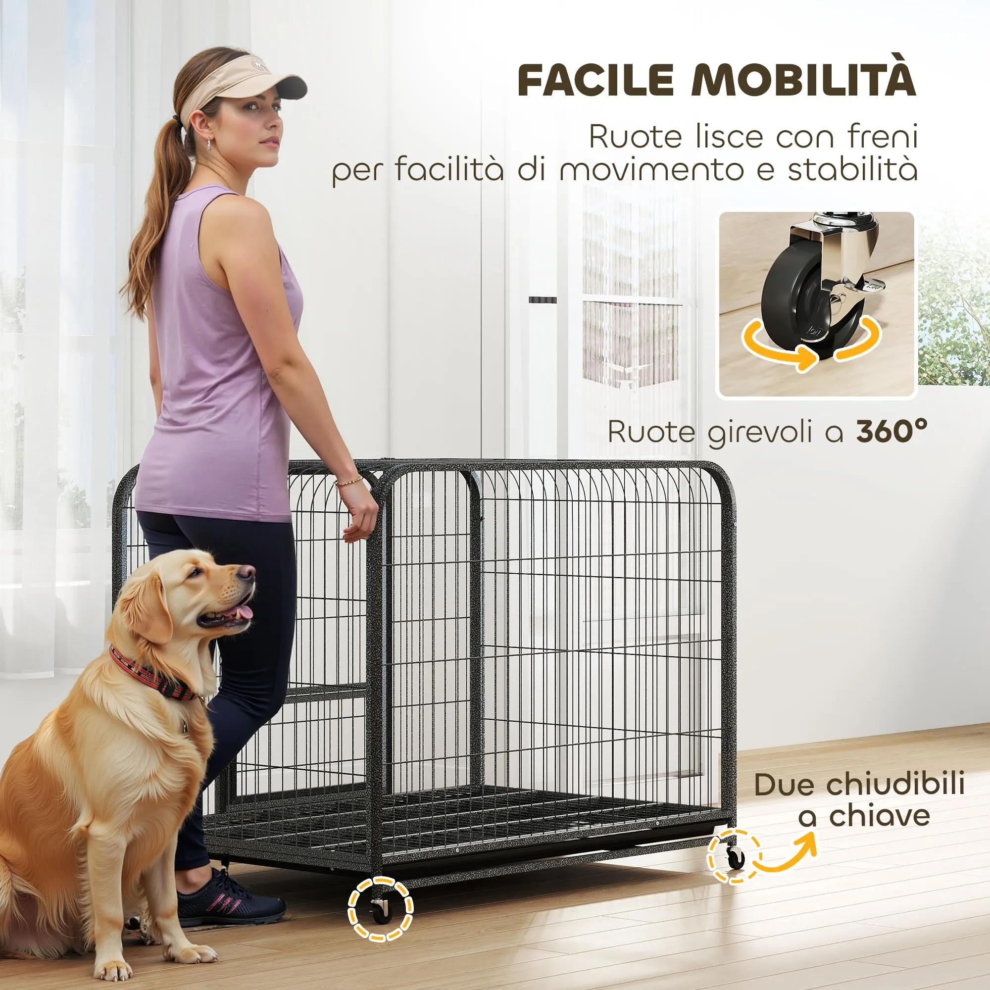 PawHut Gabbia per Cani Robusta con Ruote e 3 Porte, 109x72x85 cm Nero - immagine 8