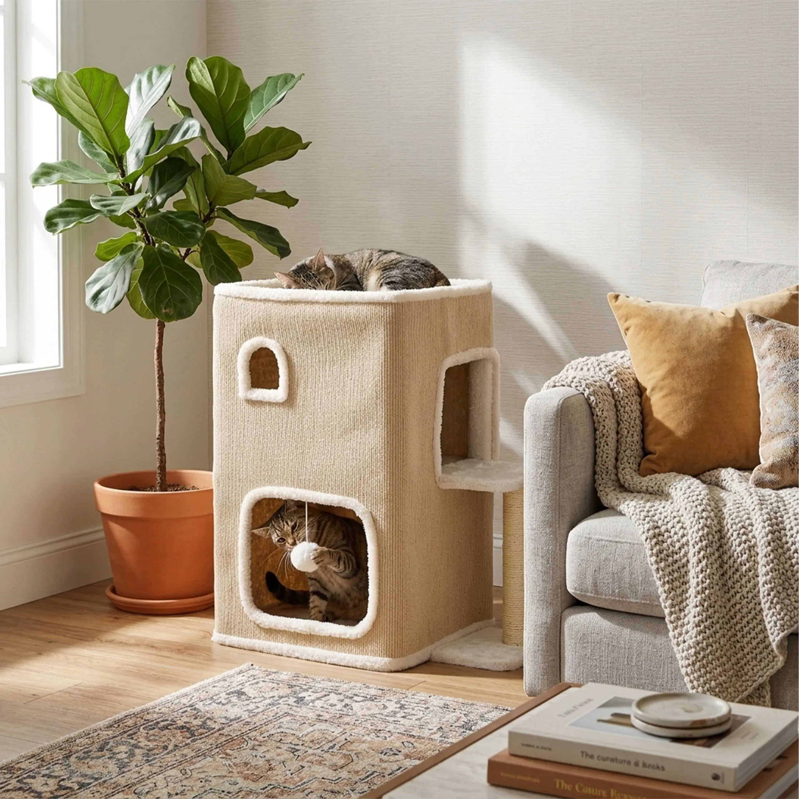 Relaxdays Casetta per gatti 2 piani, tessuto beige - immagine 2
