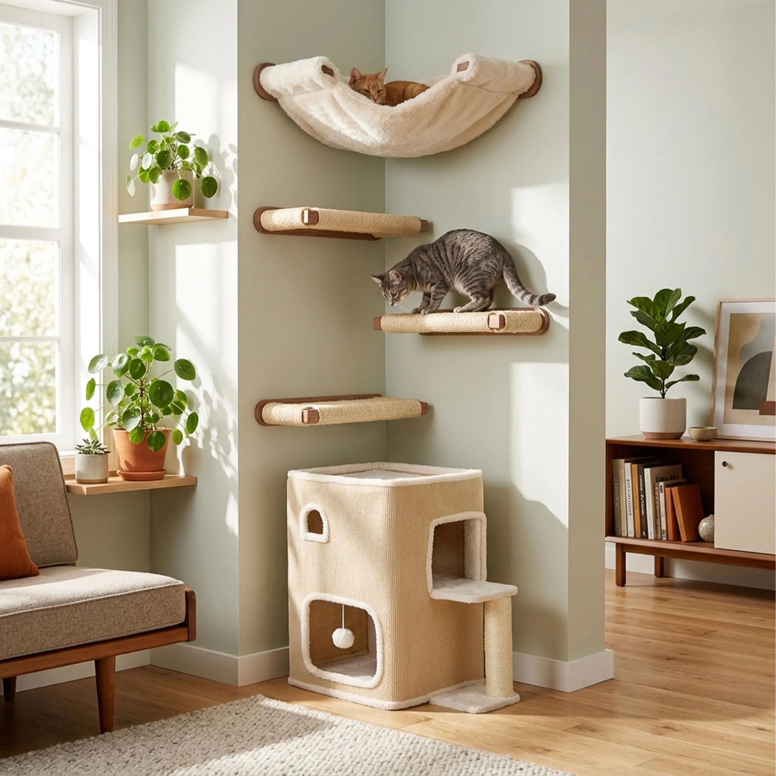 Relaxdays Casetta per gatti 2 piani, tessuto beige - immagine 5
