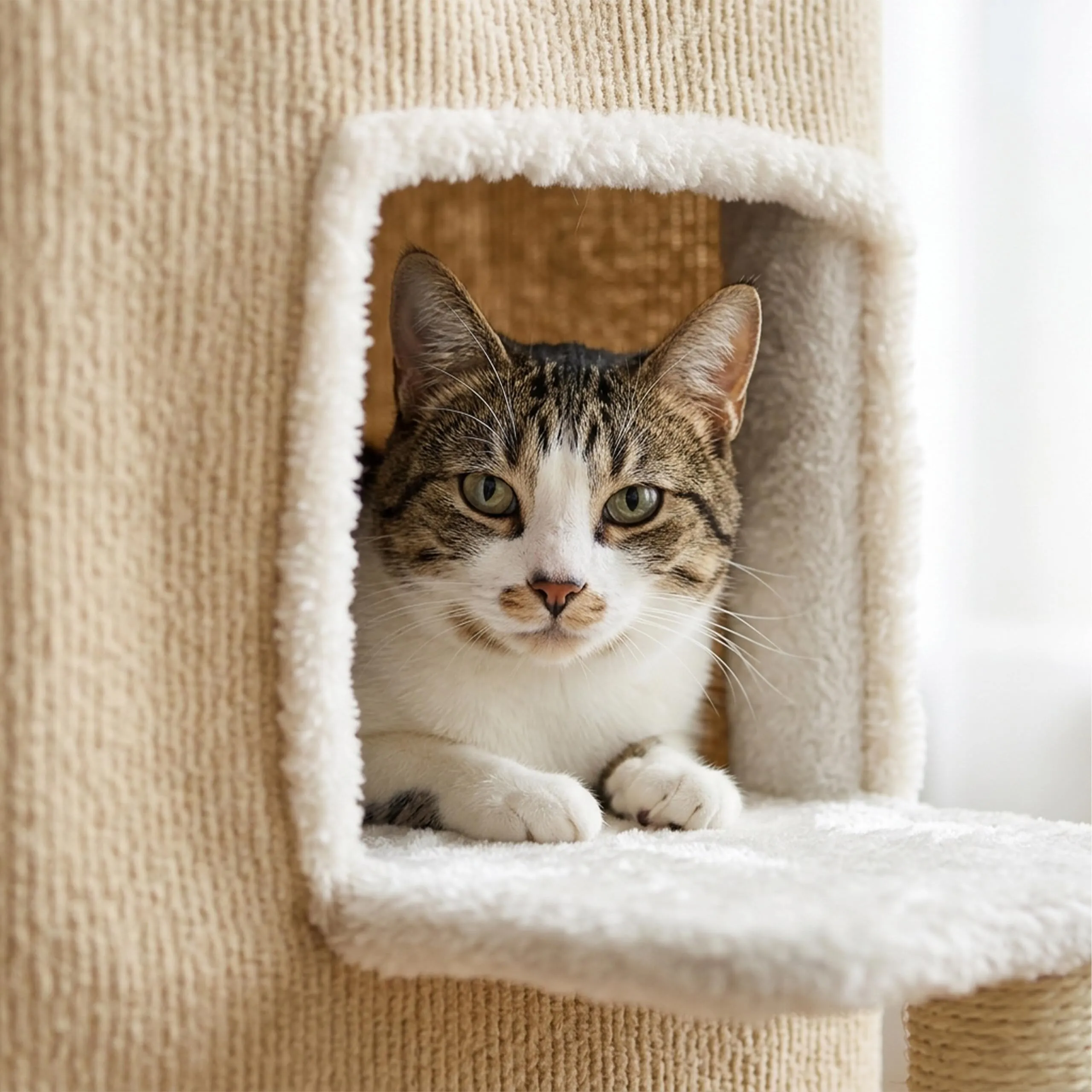 Relaxdays Casetta per gatti 2 piani, tessuto beige - immagine 7