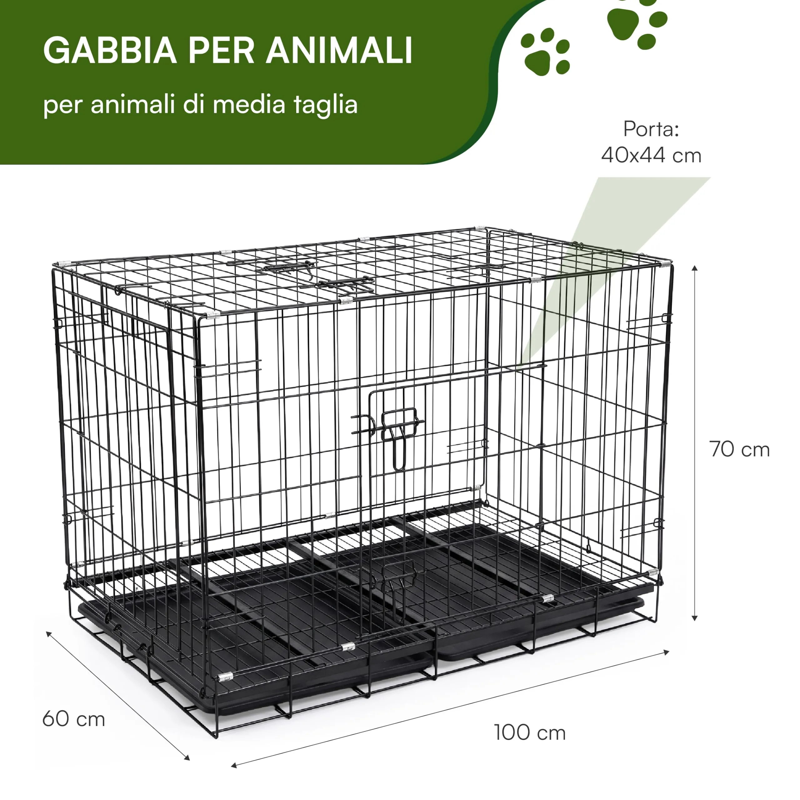 Baroni Home Gabbia per Cani e Gatti in Metallo Pieghevole, Trasportino con Doppia Porta Superiore e Laterale, Vaschetta Estraibile, Struttura Richiudibile e Salvaspazio, 100x60x70cm - immagine 3