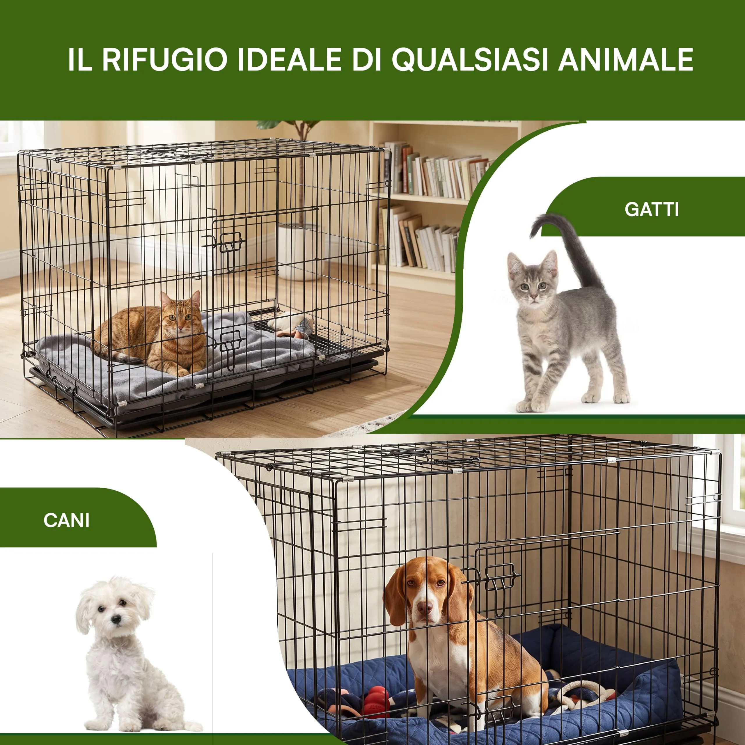 Baroni Home Gabbia per Cani e Gatti in Metallo Pieghevole, Trasportino con Doppia Porta Superiore e Laterale, Vaschetta Estraibile, Struttura Richiudibile e Salvaspazio, 100x60x70cm - immagine 4