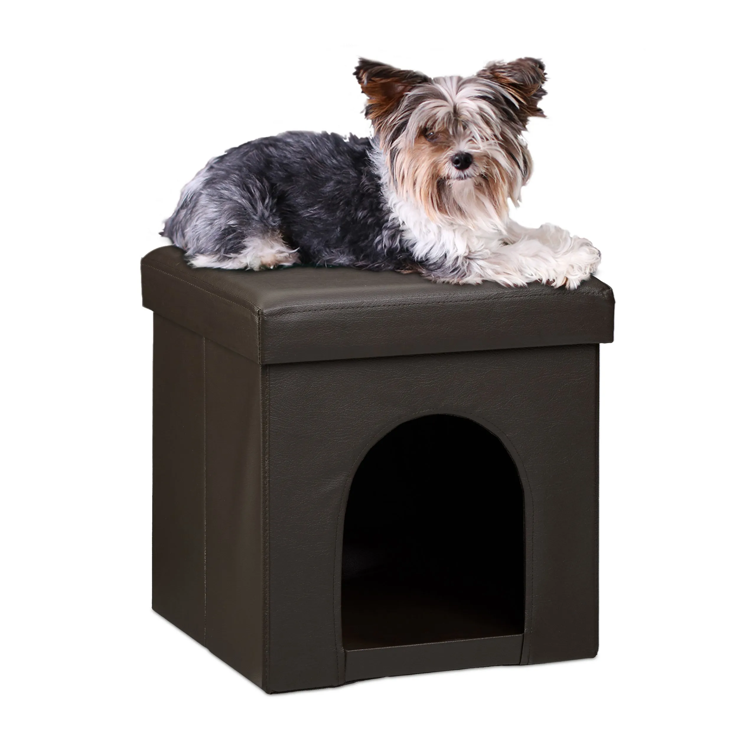 Relaxdays Cuccia Puff Pieghevole per Cane/Gatto, Finta Pelle, 38 X 38 X 38 cm, Nero - immagine 1