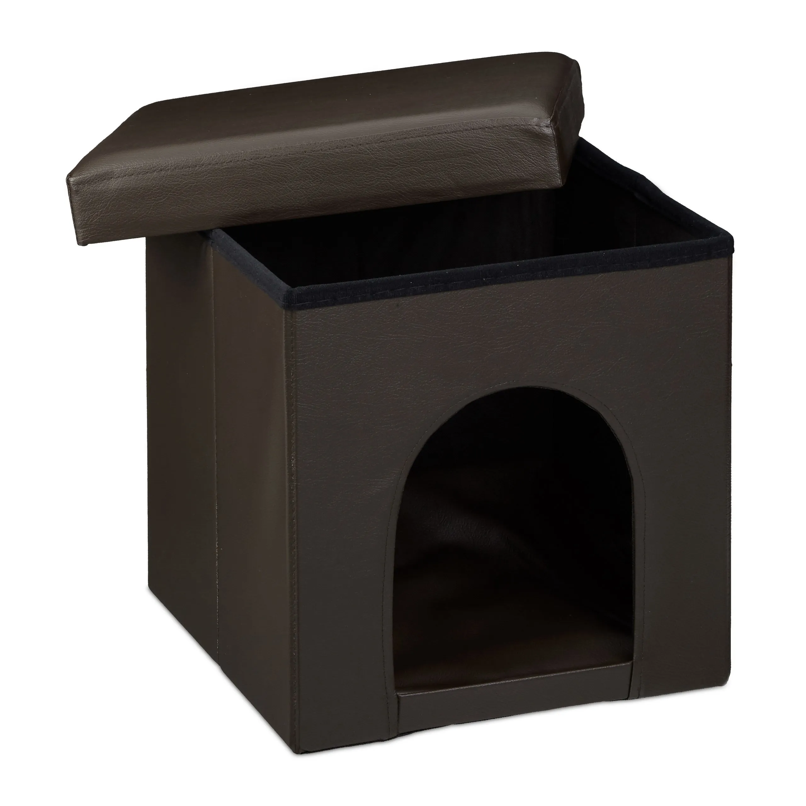 Relaxdays Cuccia Puff Pieghevole per Cane/Gatto, Finta Pelle, 38 X 38 X 38 cm, Nero - immagine 3