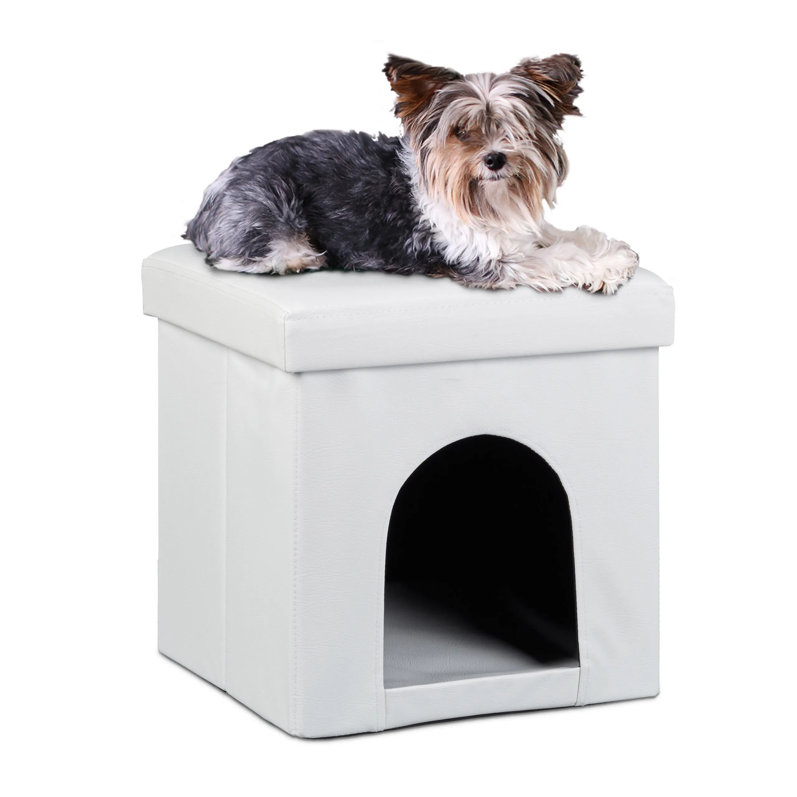 Relaxdays Cuccia Puff Pieghevole per Cane/Gatto, Finta Pelle, 38 X 38 X 38 cm, Bianco - immagine 1