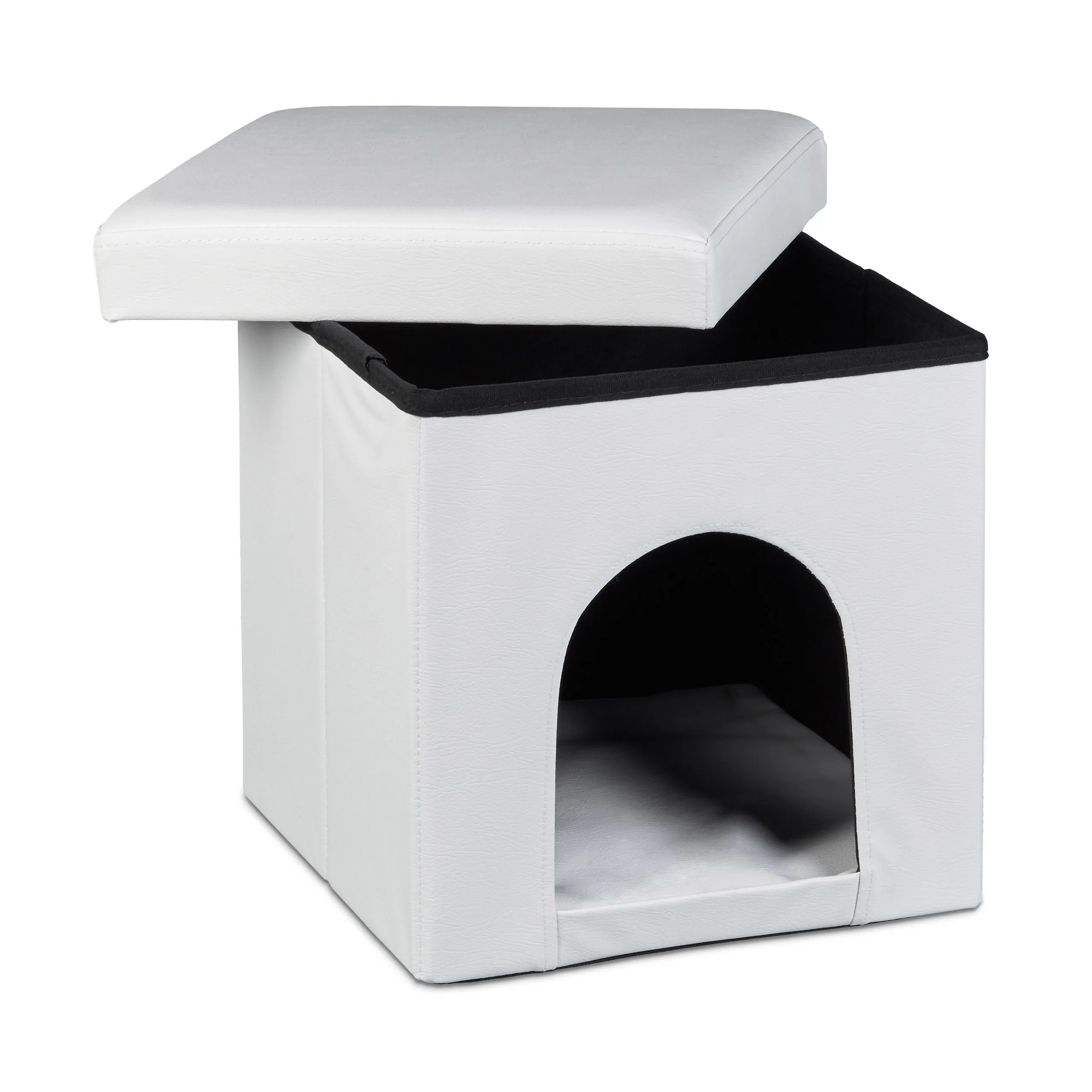 Relaxdays Cuccia Puff Pieghevole per Cane/Gatto, Finta Pelle, 38 X 38 X 38 cm, Bianco - immagine 3