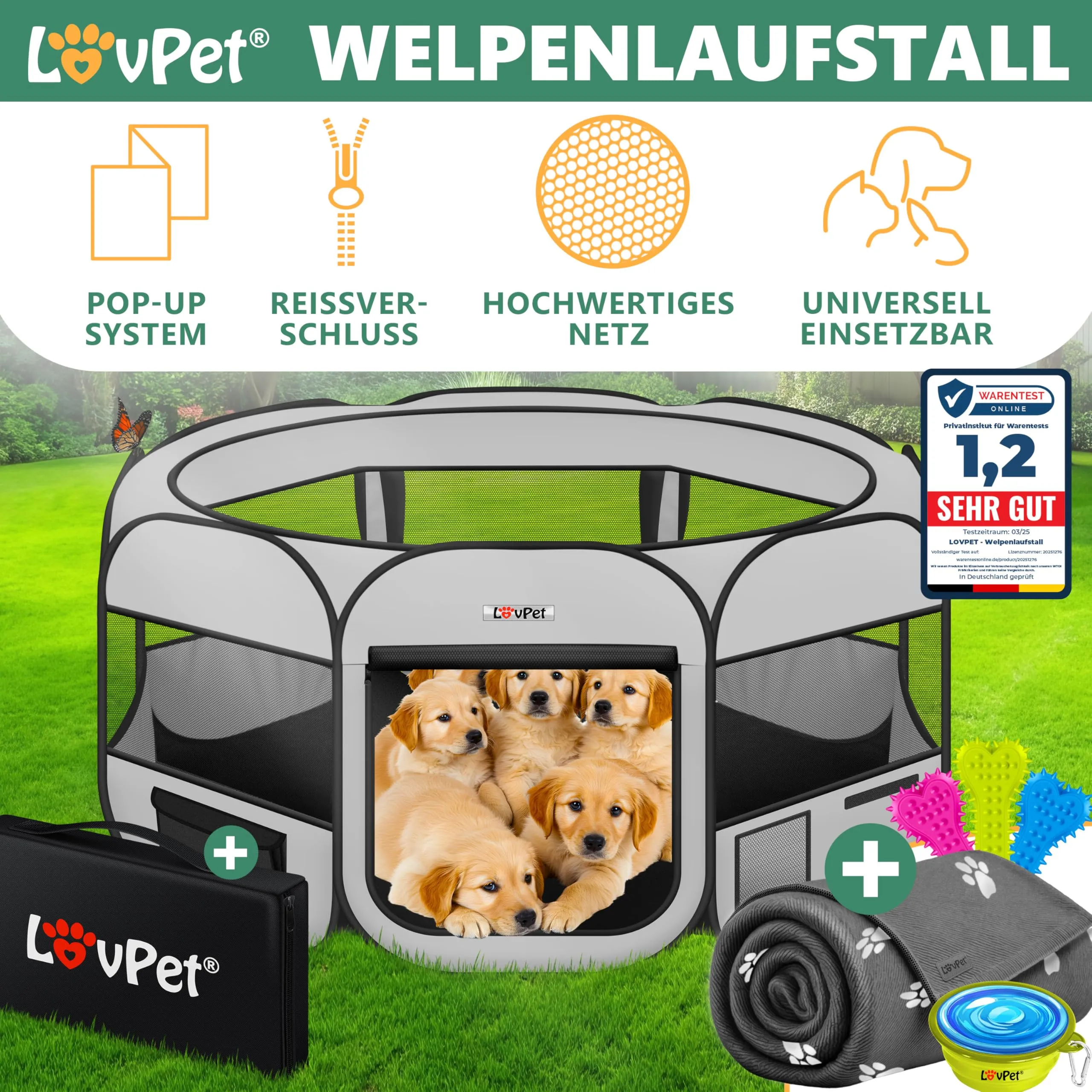 Lovpet® Recinto per Cuccioli - recinto per Animali Pieghevole per Piccoli Animali, Cani, Gatti, incl. Ciotola per Cani - Box per Cani - Recinzione - Tessuto Oxford - Sistema Pop-up - immagine 2