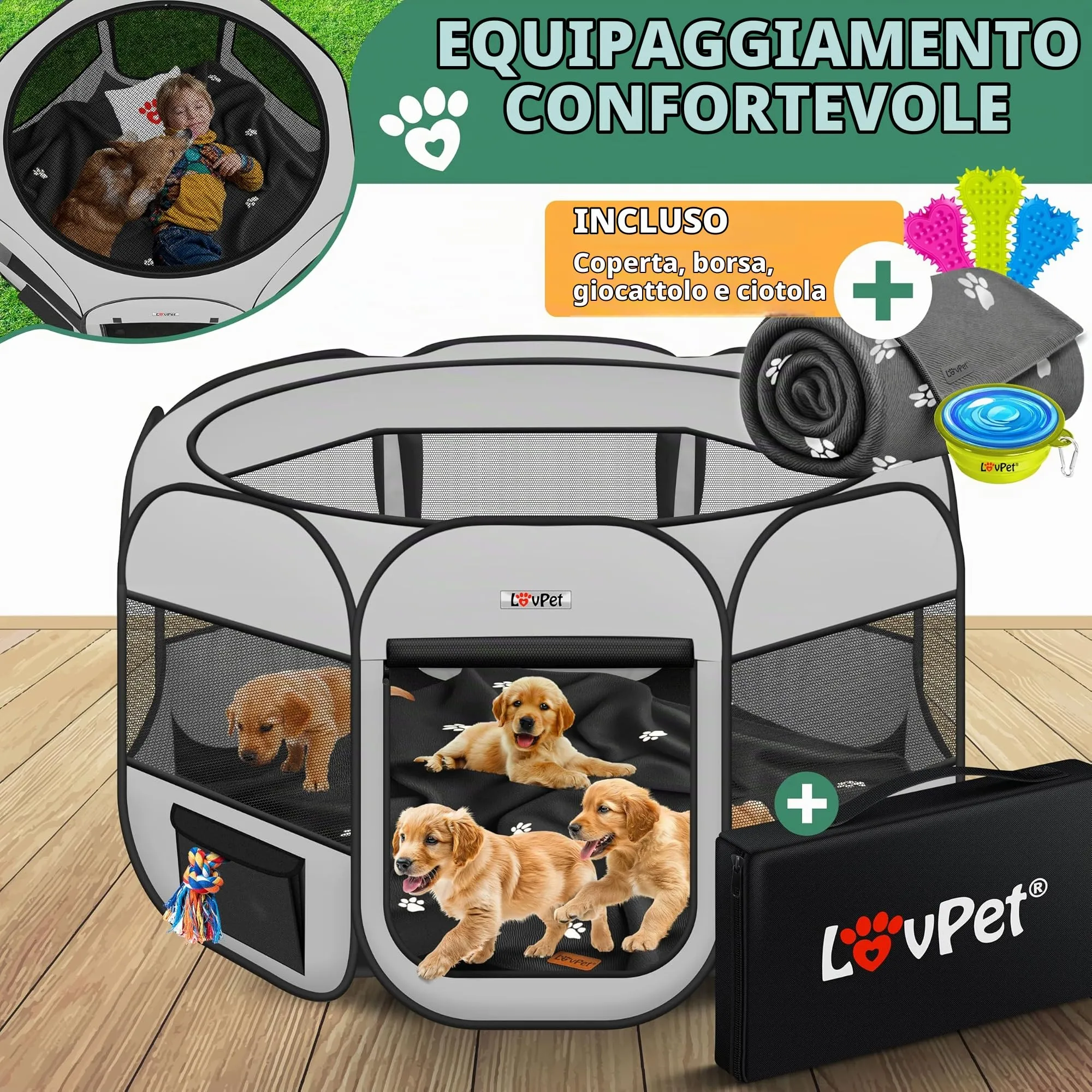 Lovpet® Recinto per Cuccioli - recinto per Animali Pieghevole per Piccoli Animali, Cani, Gatti, incl. Ciotola per Cani - Box per Cani - Recinzione - Tessuto Oxford - Sistema Pop-up - immagine 3