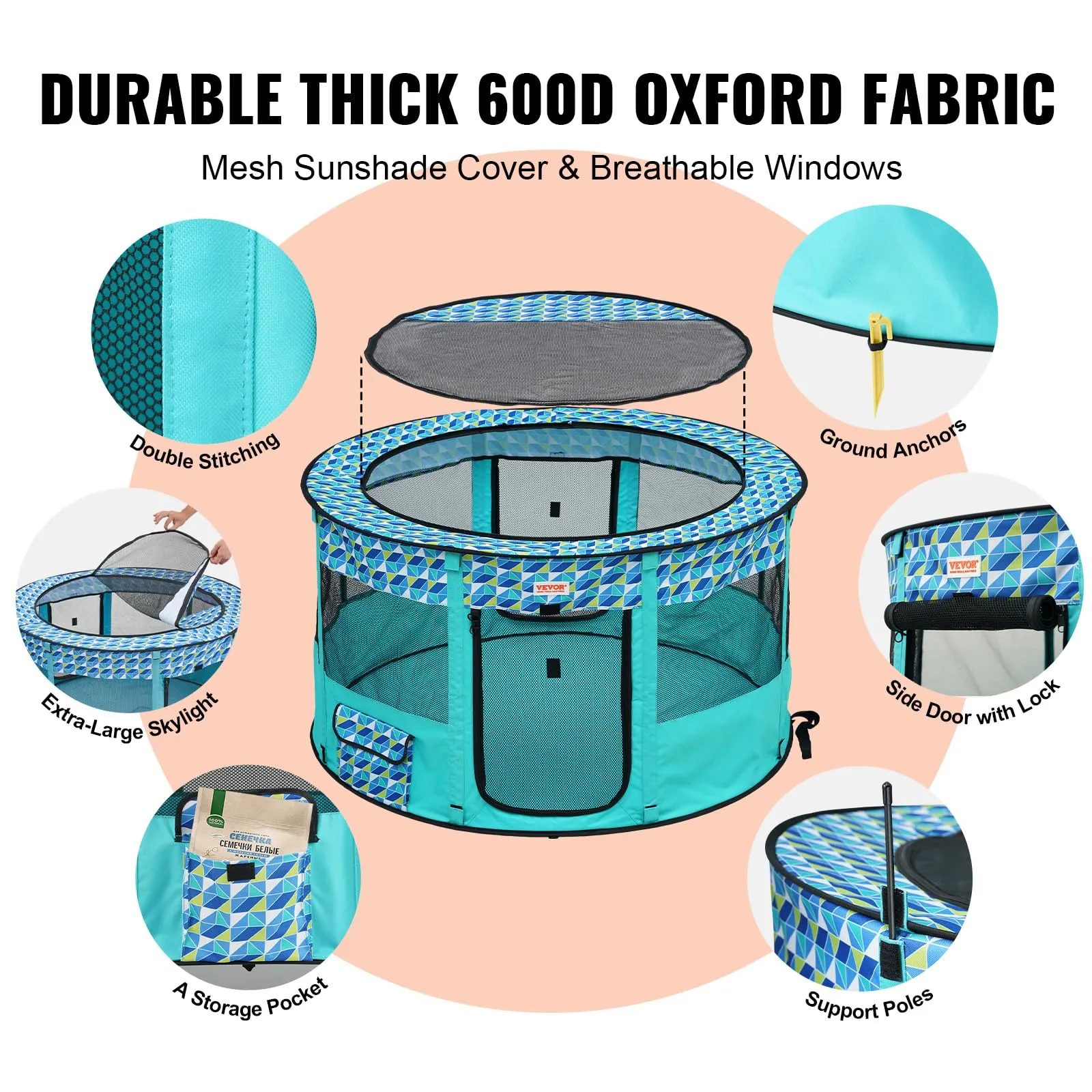 VEVOR Box per Cani Portatile 1117x1117x609 mm Box per Cuccioli Gatto Coniglio Pieghevole in Tessuto Oxford 600D, Cerniera Rotondo Impermeabile Esterno Interno da Campeggio Viaggio Attività all'Aperto - immagine 3