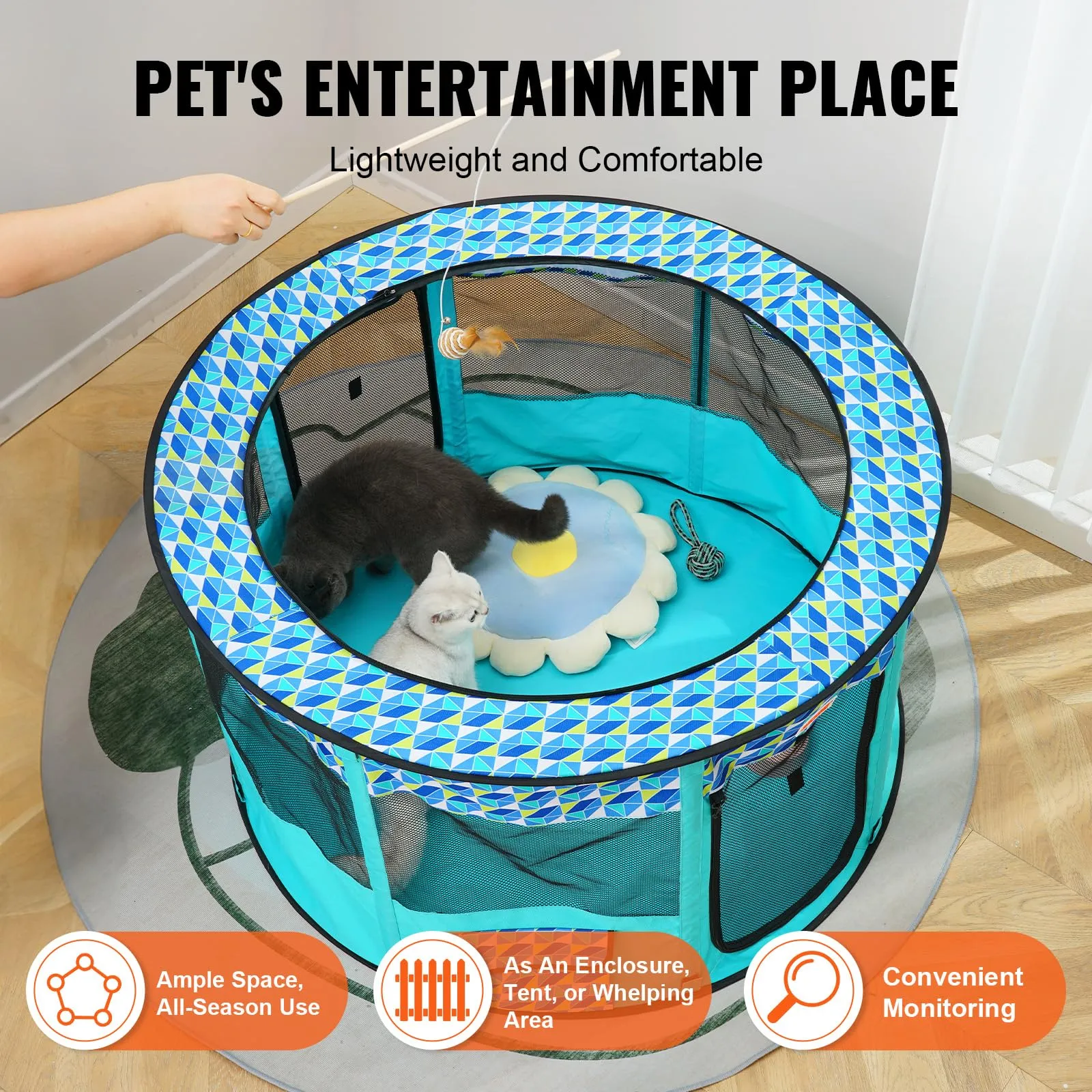 VEVOR Box per Cani Portatile 1117x1117x609 mm Box per Cuccioli Gatto Coniglio Pieghevole in Tessuto Oxford 600D, Cerniera Rotondo Impermeabile Esterno Interno da Campeggio Viaggio Attività all'Aperto - immagine 4