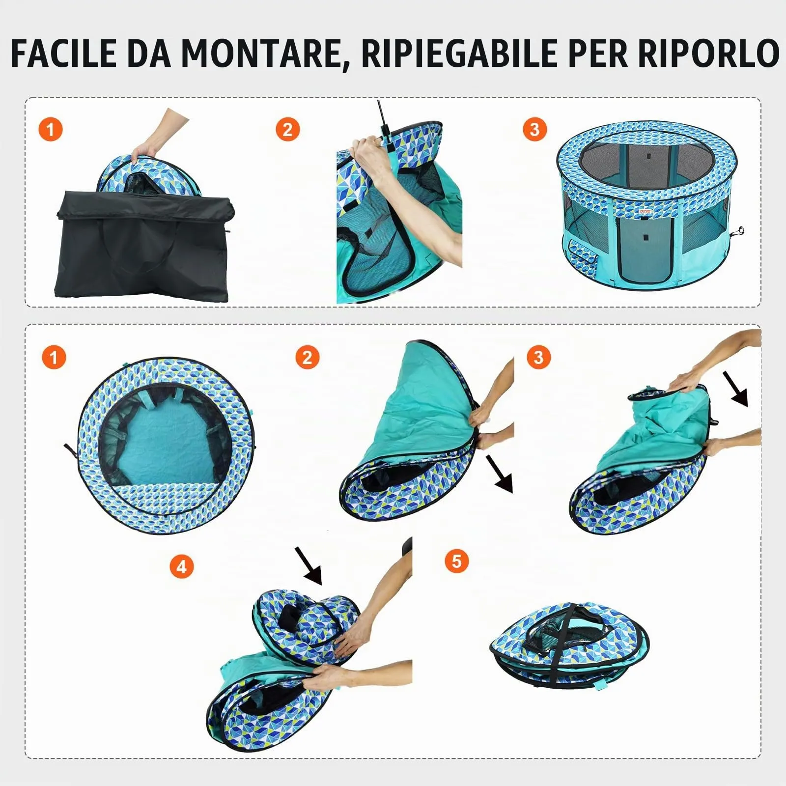 VEVOR Box per Cani Portatile 1117x1117x609 mm Box per Cuccioli Gatto Coniglio Pieghevole in Tessuto Oxford 600D, Cerniera Rotondo Impermeabile Esterno Interno da Campeggio Viaggio Attività all'Aperto - immagine 6
