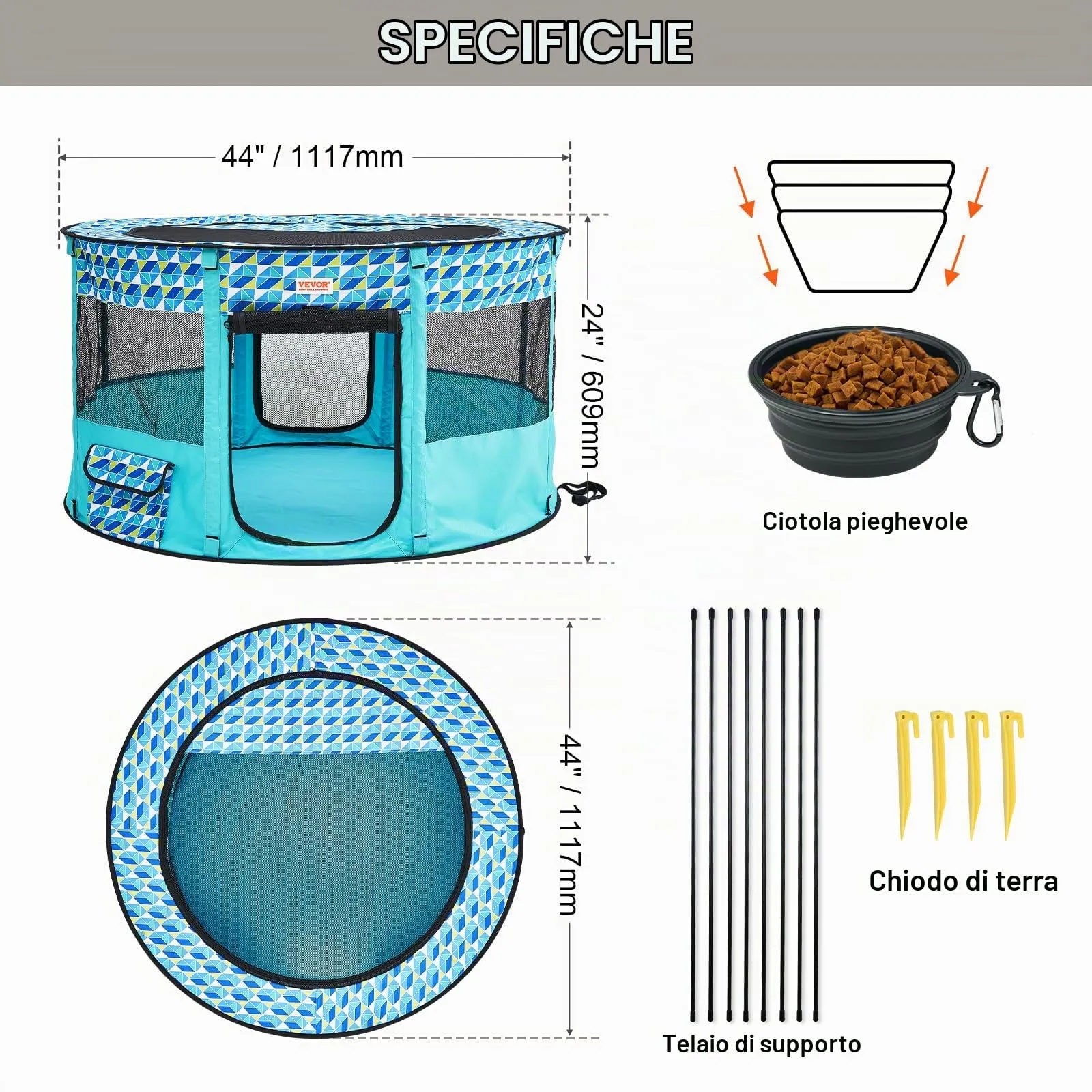 VEVOR Box per Cani Portatile 1117x1117x609 mm Box per Cuccioli Gatto Coniglio Pieghevole in Tessuto Oxford 600D, Cerniera Rotondo Impermeabile Esterno Interno da Campeggio Viaggio Attività all'Aperto - immagine 7