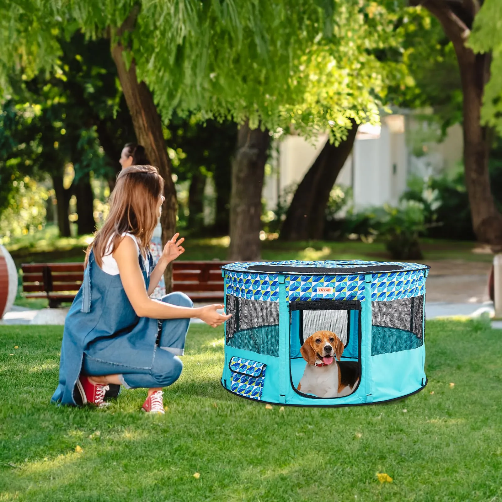 VEVOR Box per Cani Portatile 1117x1117x609 mm Box per Cuccioli Gatto Coniglio Pieghevole in Tessuto Oxford 600D, Cerniera Rotondo Impermeabile Esterno Interno da Campeggio Viaggio Attività all'Aperto - immagine 8