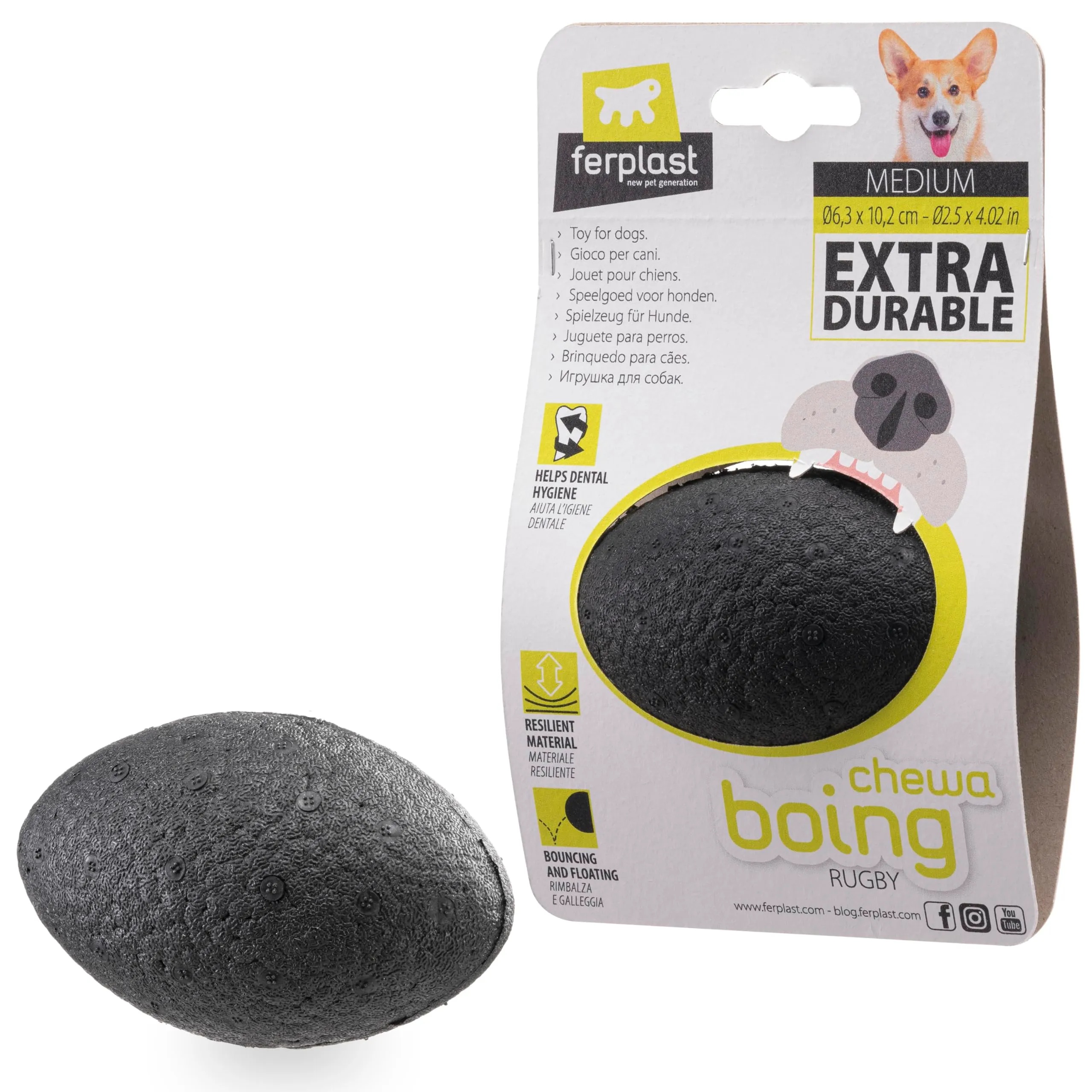 Ferplast Gioco per Cane CHEWA BOING RUGBY - Pallina in Materiale Durevole, Atossico, Resistente ai Morsi - per Igiene Dentale, Rimbalza e Galleggia - Misura Media, Nero - immagine 1