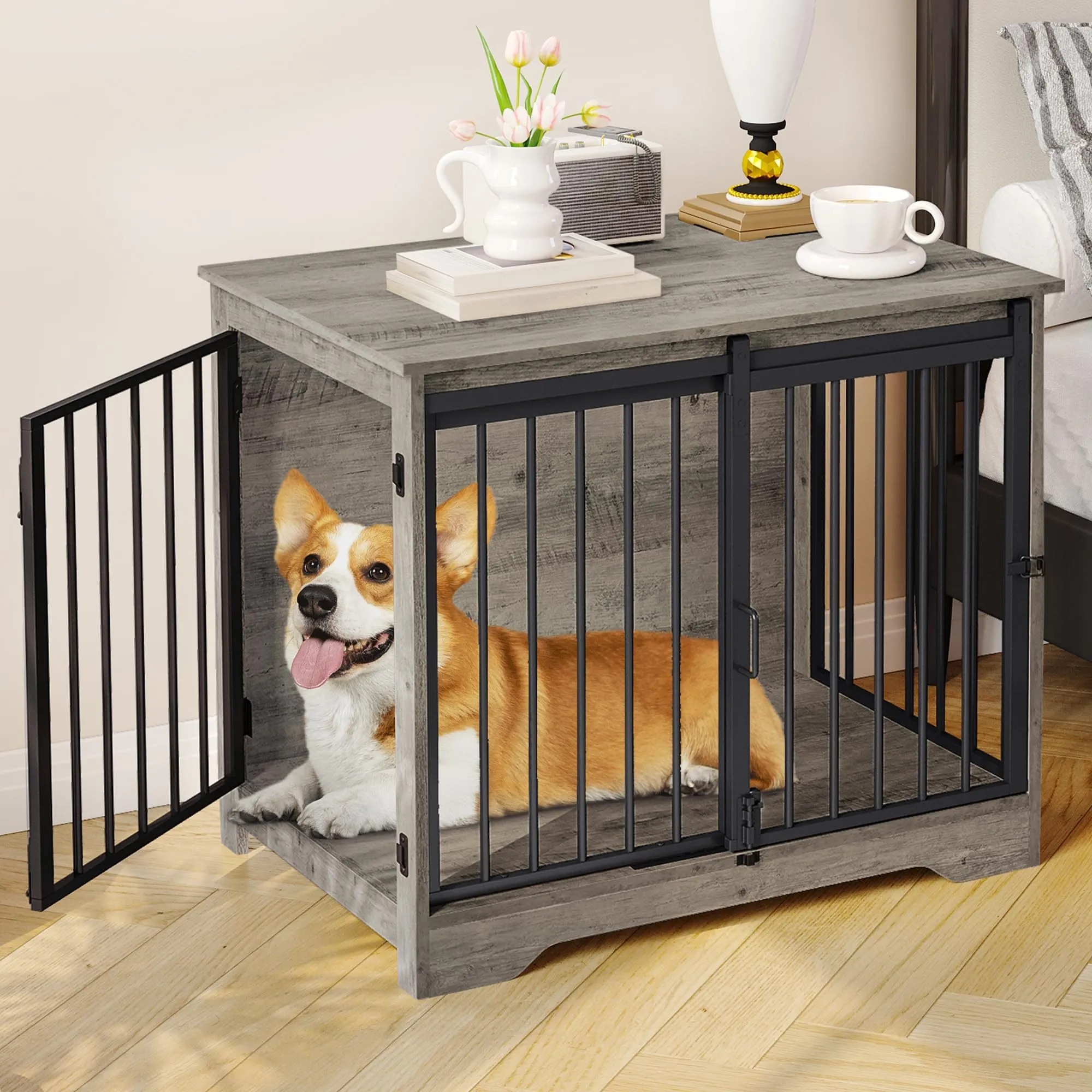 Hzuaneri 81cm Gabbia per Cani, Tavolo Supplemento, Nicchia Moderna per Cani, Gabbia per Cuccioli, Casetta per Animali, 2 porte, 55 x 81 x 67,5 cm, Avorio Chiaro DFC83605B - immagine 1