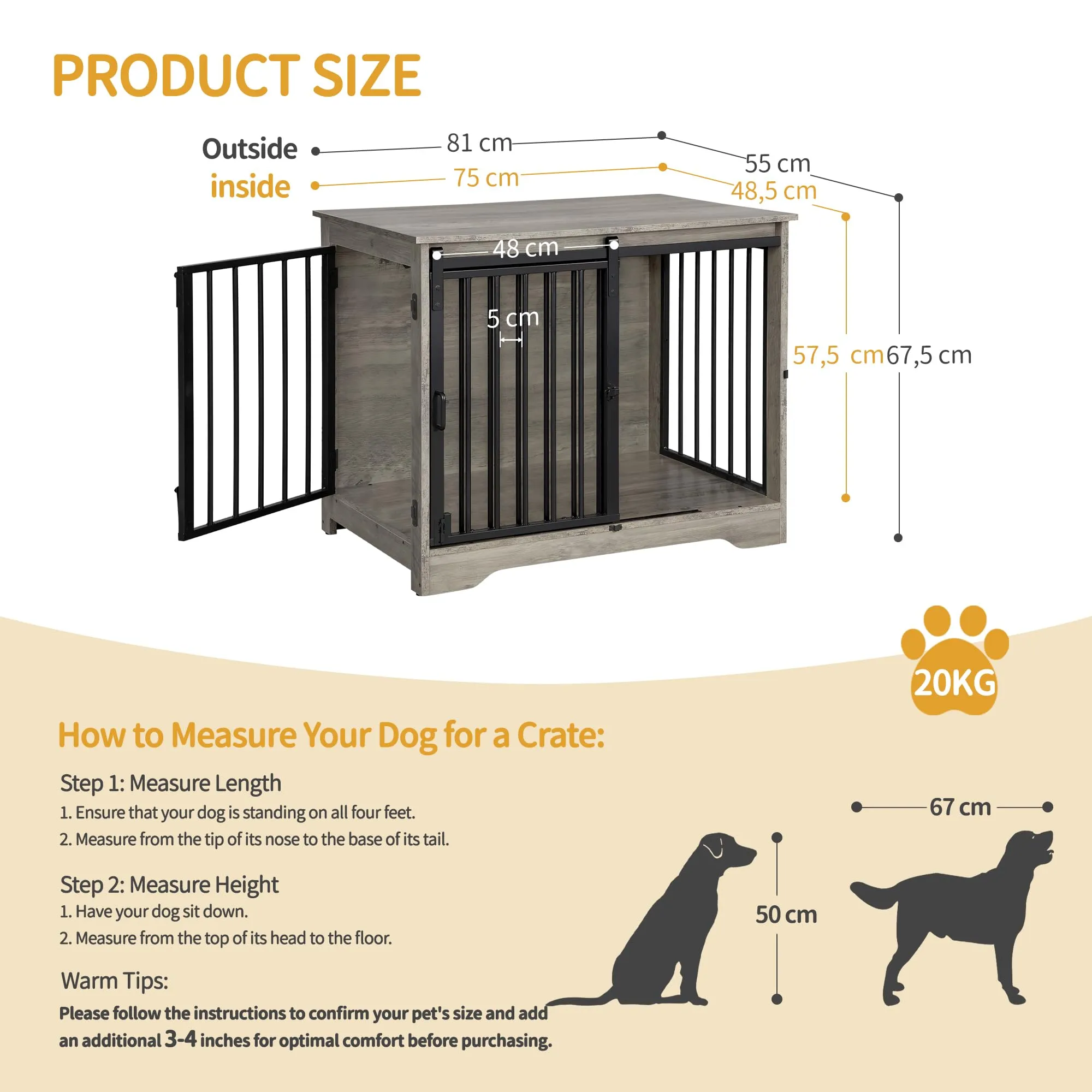 Hzuaneri 81cm Gabbia per Cani, Tavolo Supplemento, Nicchia Moderna per Cani, Gabbia per Cuccioli, Casetta per Animali, 2 porte, 55 x 81 x 67,5 cm, Avorio Chiaro DFC83605B - immagine 2