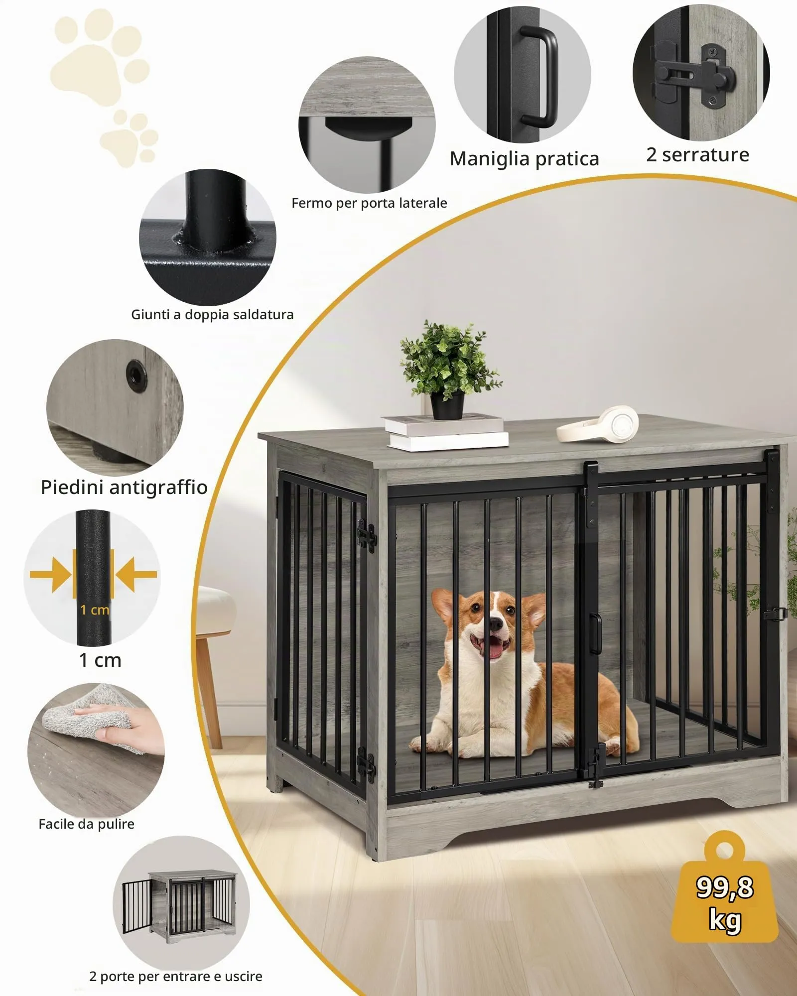 Hzuaneri 81cm Gabbia per Cani, Tavolo Supplemento, Nicchia Moderna per Cani, Gabbia per Cuccioli, Casetta per Animali, 2 porte, 55 x 81 x 67,5 cm, Avorio Chiaro DFC83605B - immagine 6