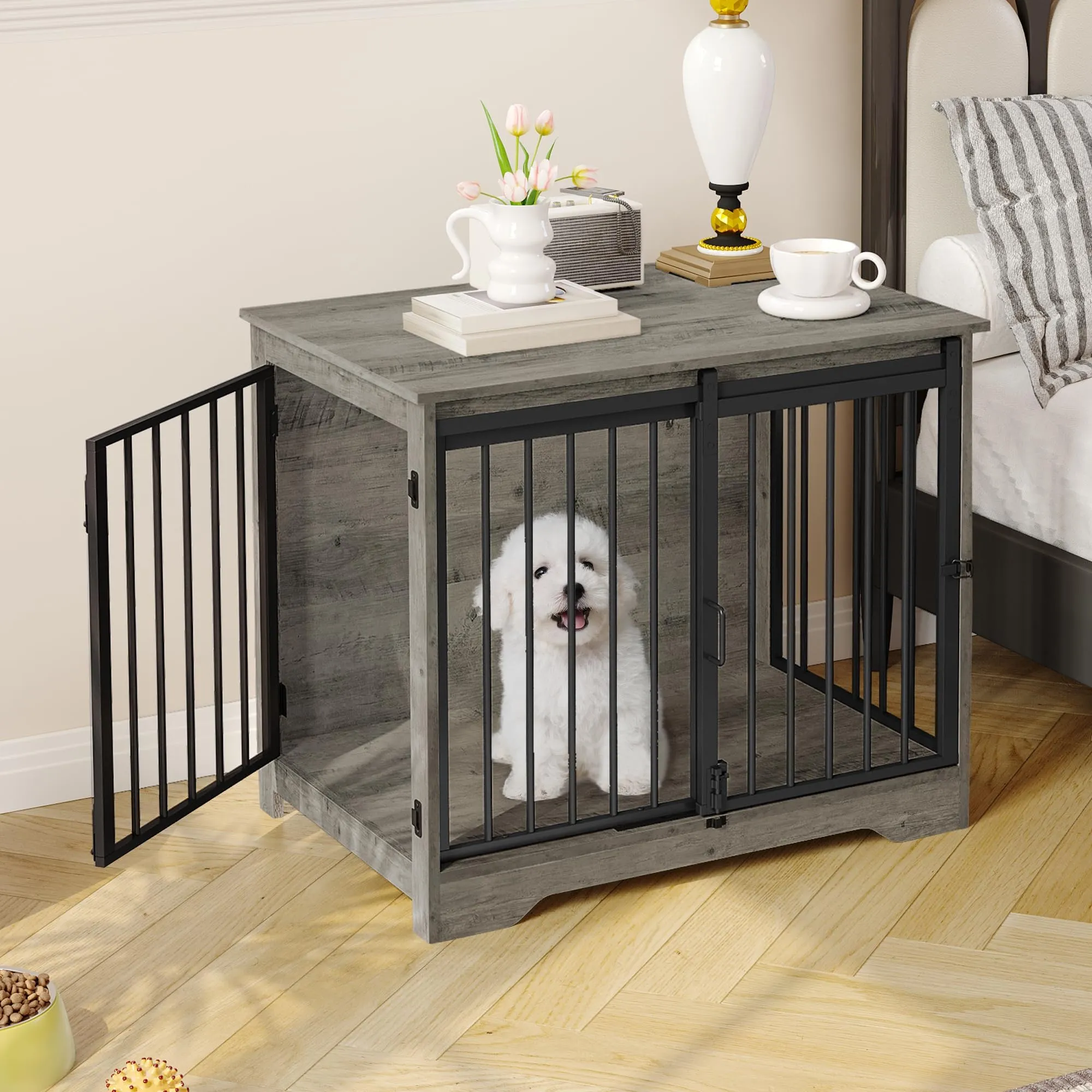 Hzuaneri 81cm Gabbia per Cani, Tavolo Supplemento, Nicchia Moderna per Cani, Gabbia per Cuccioli, Casetta per Animali, 2 porte, 55 x 81 x 67,5 cm, Avorio Chiaro DFC83605B - immagine 8