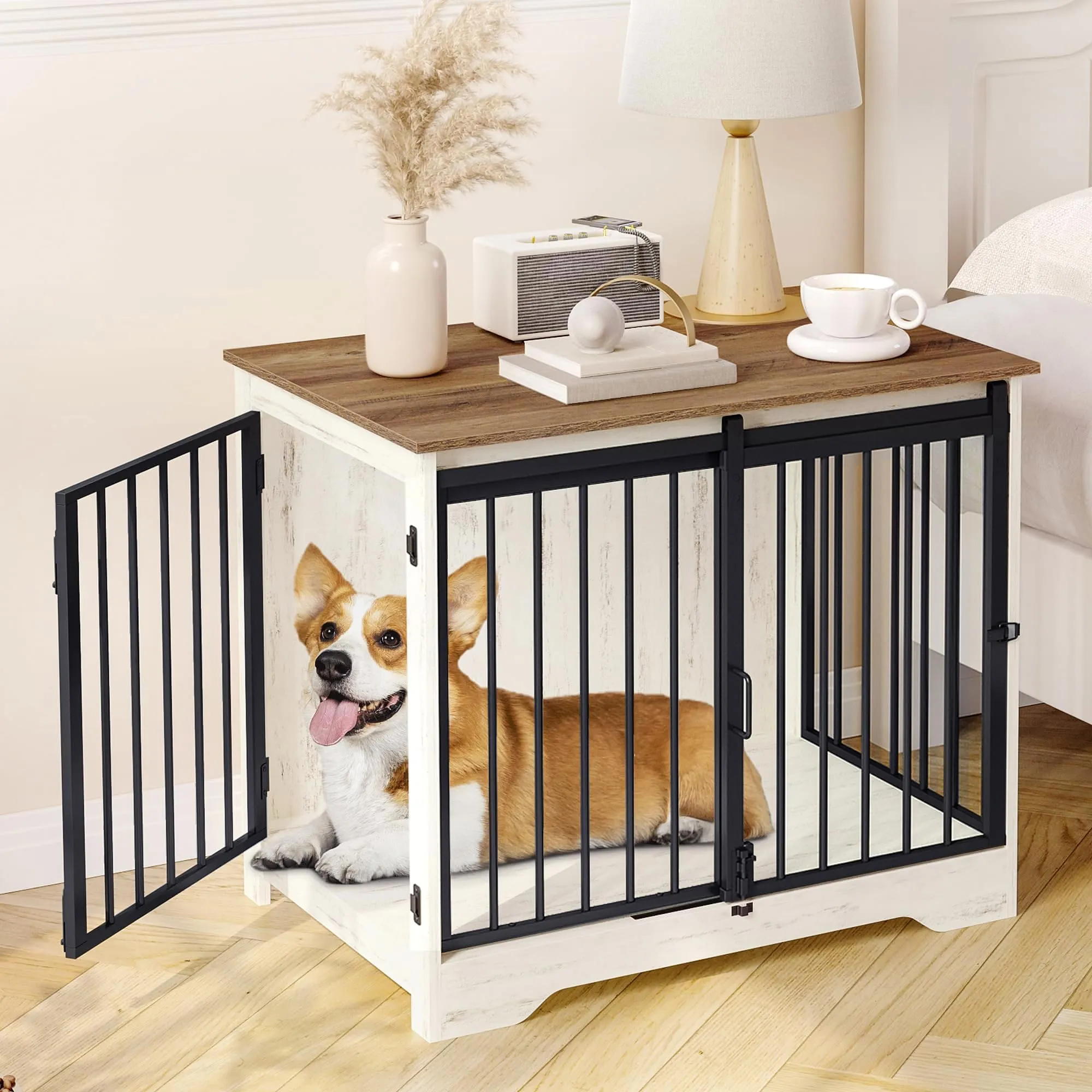 Hzuaneri 81cm Gabbia per Cani, Bianco e Marrone Tavolo Supplemento - immagine 1