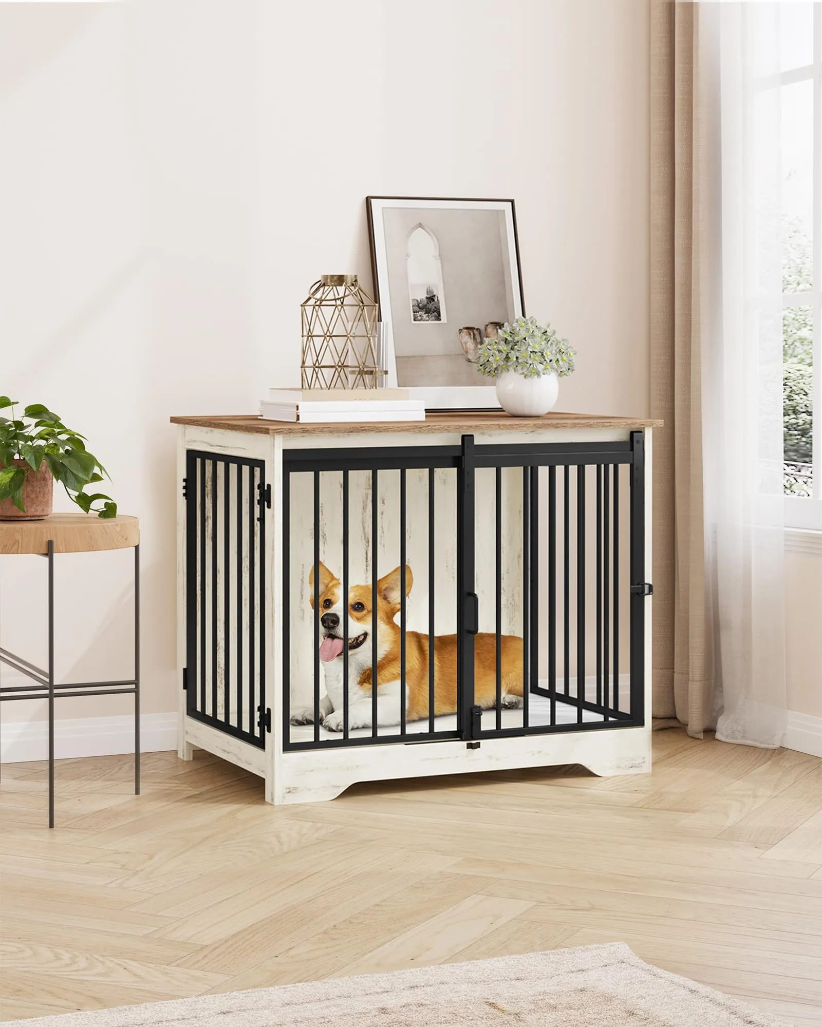 Hzuaneri 81cm Gabbia per Cani, Bianco e Marrone Tavolo Supplemento - immagine 5