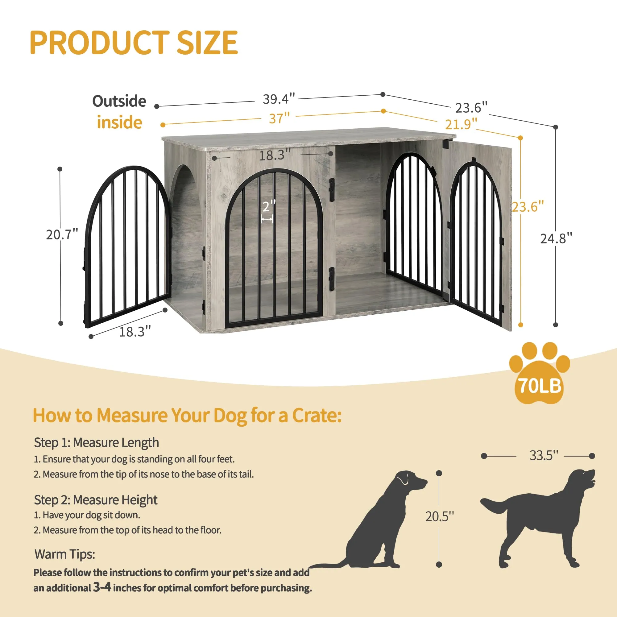 Hzuaneri 100cm Gabbia per Cani, Tavolo Supplemento, Cuccia Moderna per Cani Interno, Kennel cane Medio, Casetta per Animali, 3 porte, Porta ad arco, 60 x 100 x 63 cm, Avorio Chiaro DFC84105B - immagine 2