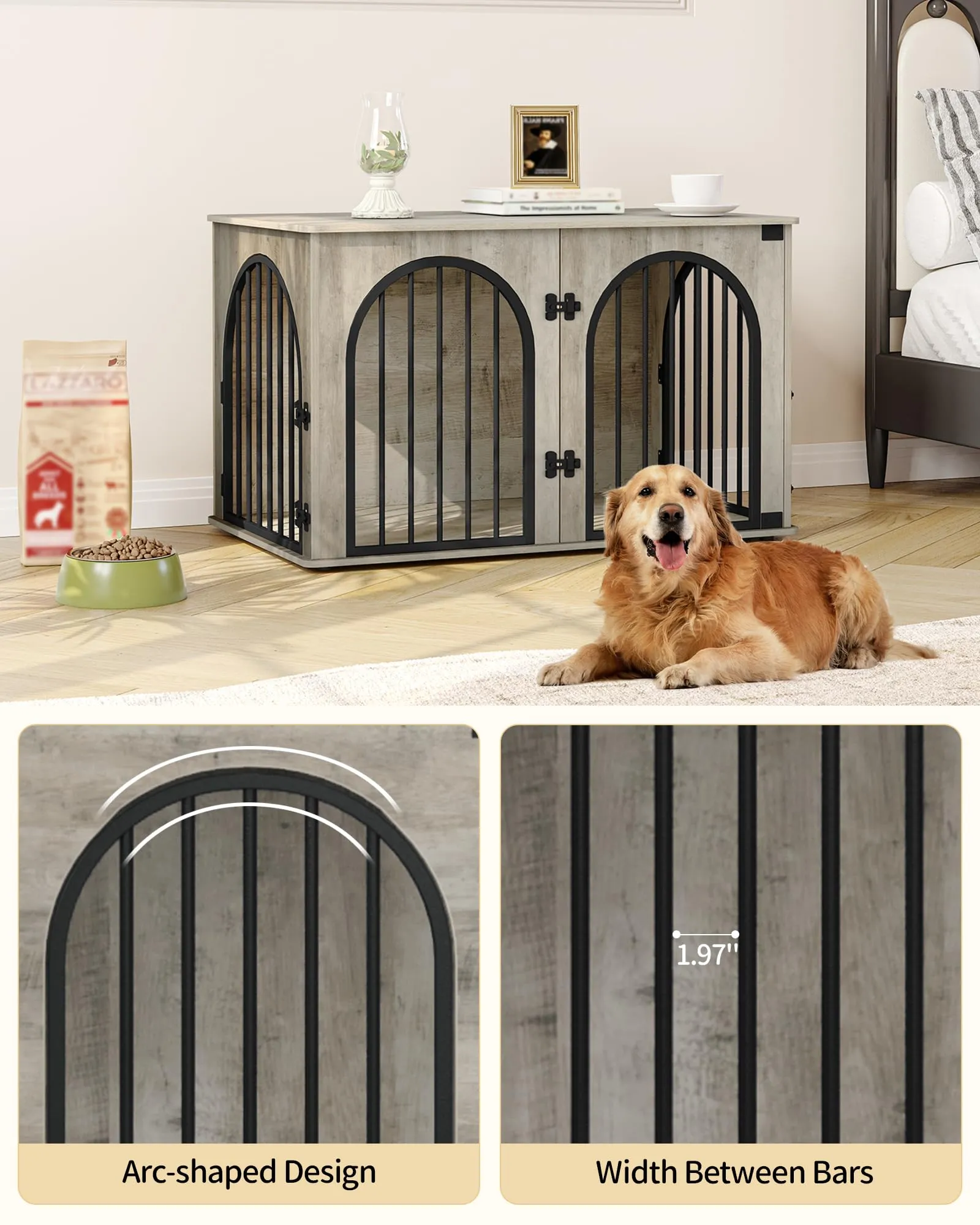 Hzuaneri 100cm Gabbia per Cani, Tavolo Supplemento, Cuccia Moderna per Cani Interno, Kennel cane Medio, Casetta per Animali, 3 porte, Porta ad arco, 60 x 100 x 63 cm, Avorio Chiaro DFC84105B - immagine 3