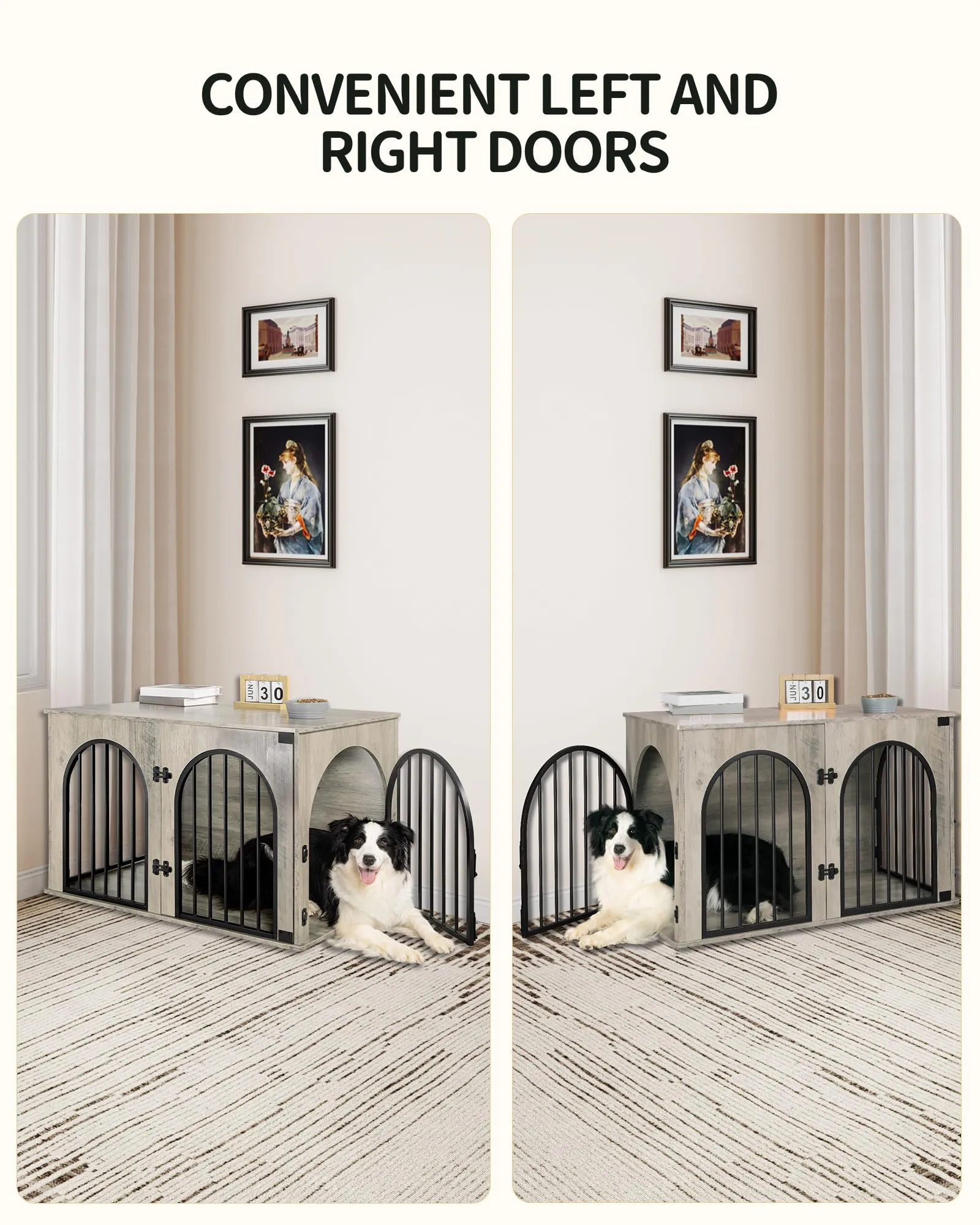 Hzuaneri 100cm Gabbia per Cani, Tavolo Supplemento, Cuccia Moderna per Cani Interno, Kennel cane Medio, Casetta per Animali, 3 porte, Porta ad arco, 60 x 100 x 63 cm, Avorio Chiaro DFC84105B - immagine 5