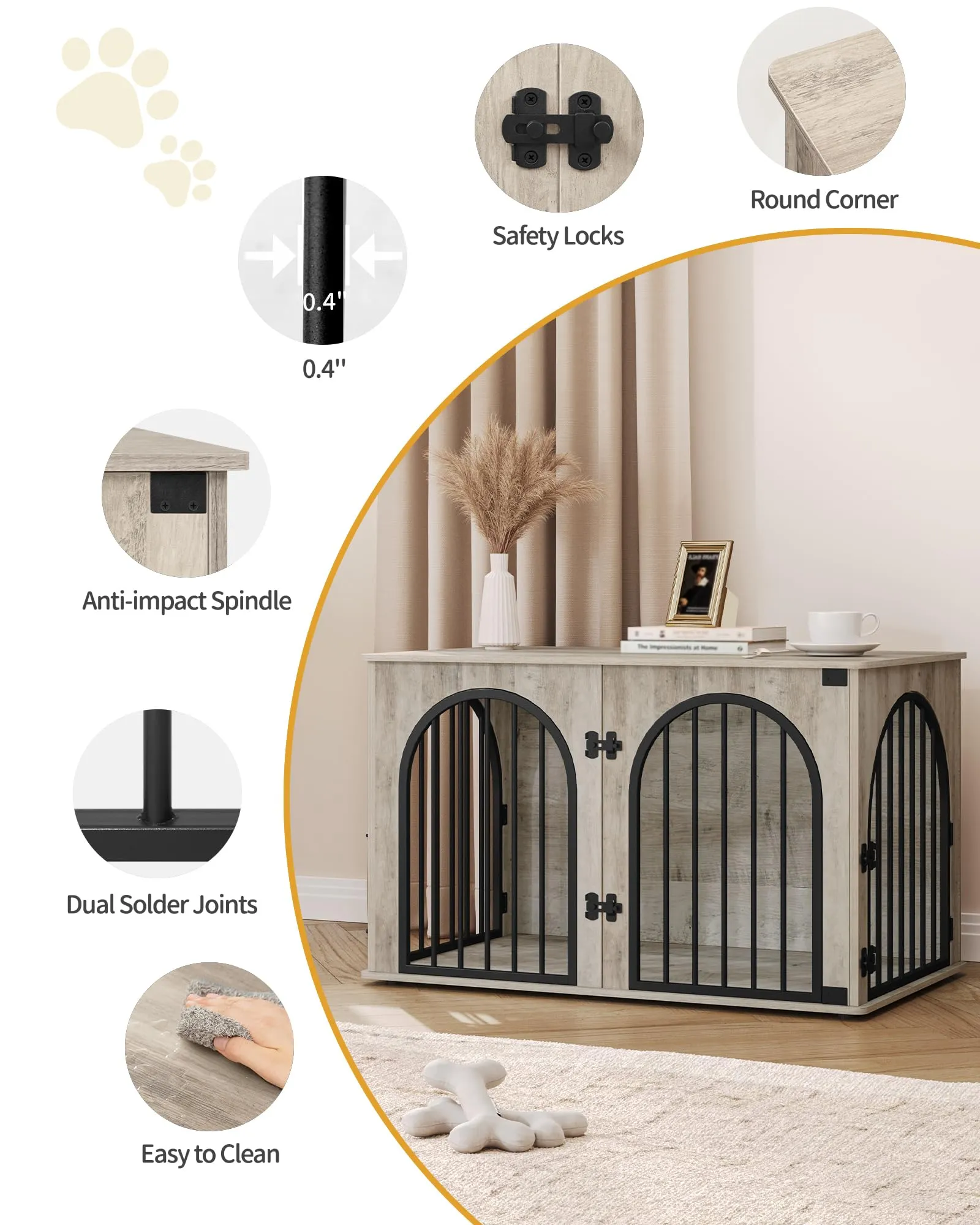 Hzuaneri 100cm Gabbia per Cani, Tavolo Supplemento, Cuccia Moderna per Cani Interno, Kennel cane Medio, Casetta per Animali, 3 porte, Porta ad arco, 60 x 100 x 63 cm, Avorio Chiaro DFC84105B - immagine 6