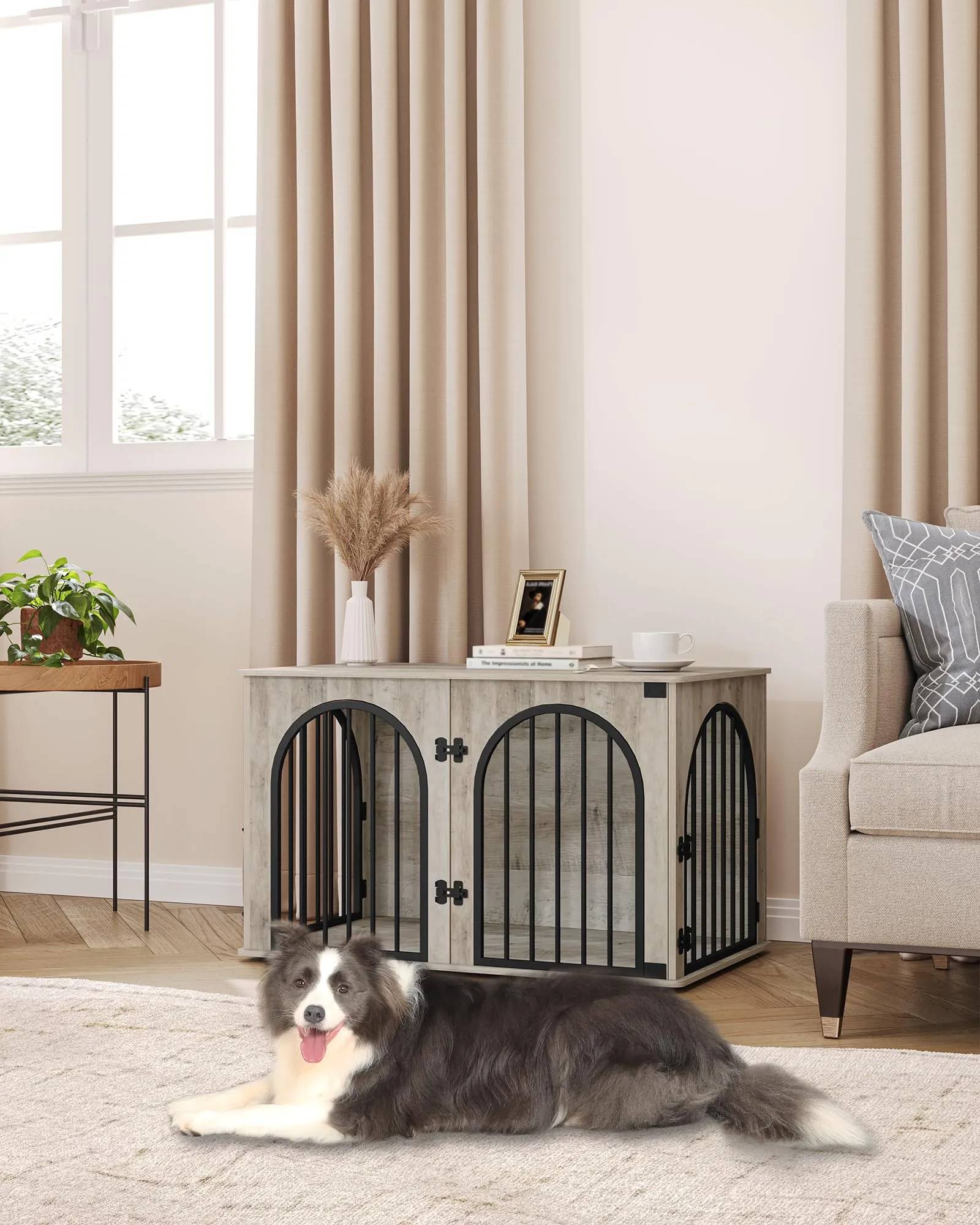 Hzuaneri 100cm Gabbia per Cani, Tavolo Supplemento, Cuccia Moderna per Cani Interno, Kennel cane Medio, Casetta per Animali, 3 porte, Porta ad arco, 60 x 100 x 63 cm, Avorio Chiaro DFC84105B - immagine 7