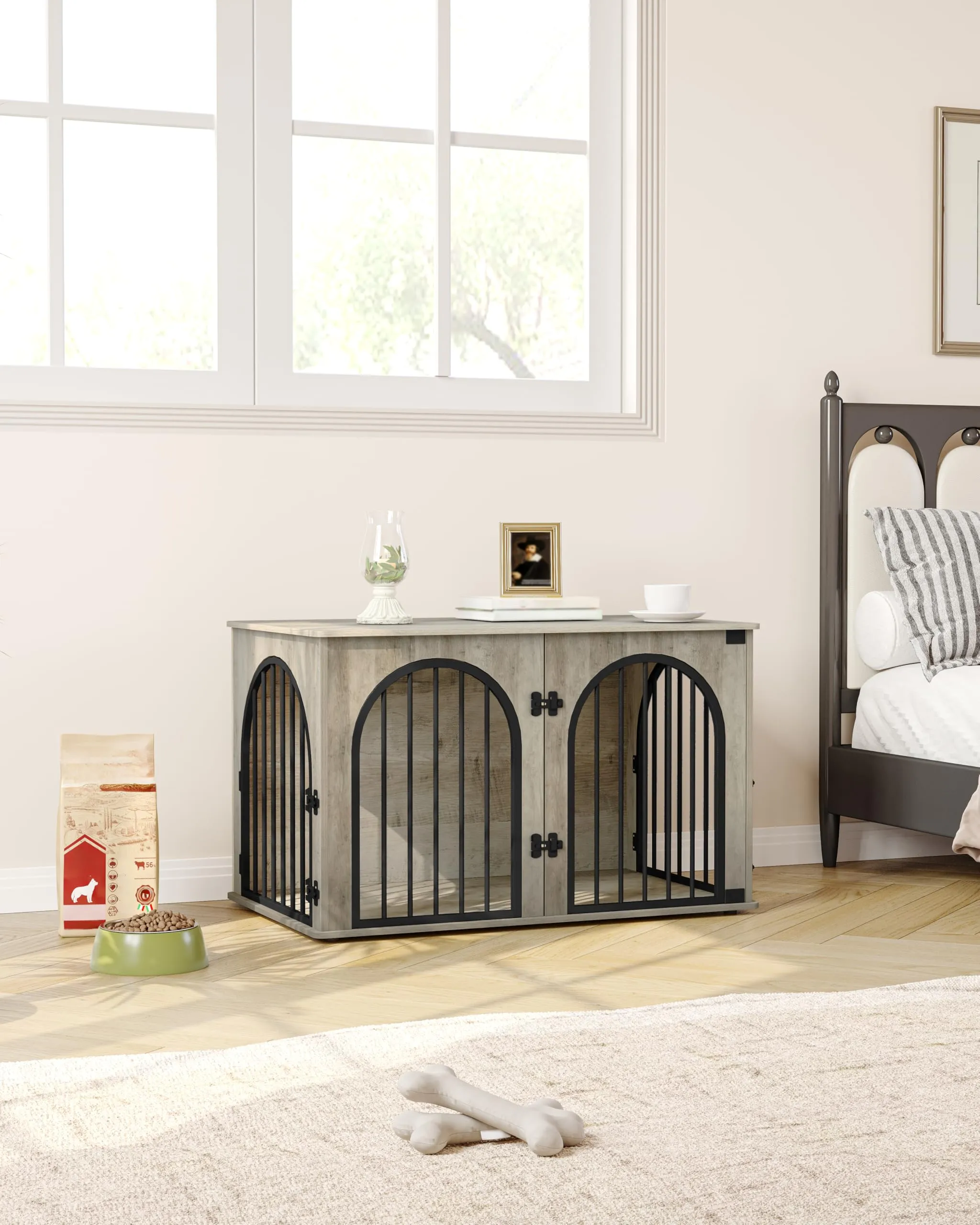 Hzuaneri 100cm Gabbia per Cani, Tavolo Supplemento, Cuccia Moderna per Cani Interno, Kennel cane Medio, Casetta per Animali, 3 porte, Porta ad arco, 60 x 100 x 63 cm, Avorio Chiaro DFC84105B - immagine 8