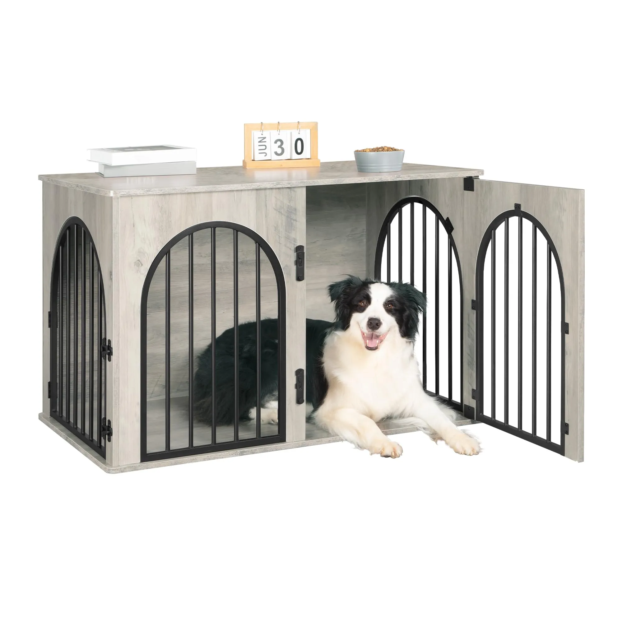 Hzuaneri 100cm Gabbia per Cani, Tavolo Supplemento, Cuccia Moderna per Cani Interno, Kennel cane Medio, Casetta per Animali, 3 porte, Porta ad arco, 60 x 100 x 63 cm, Avorio Chiaro DFC84105B - immagine 9
