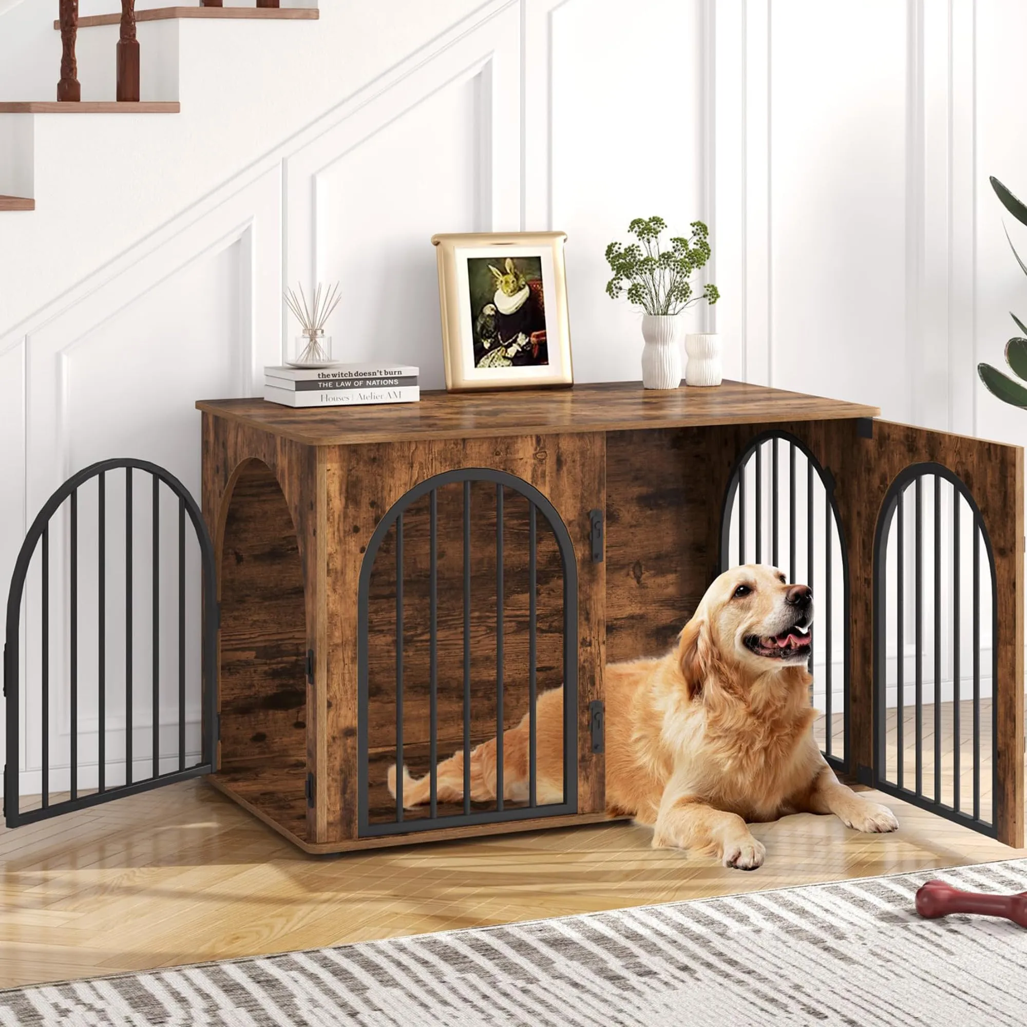 Hzuaneri 100cm Gabbia per Cani, Tavolo Supplemento, Cuccia Moderna per Cani Interno, Kennel cane Medio, Casetta per Animali, 3 porte, Porta ad arco, 60 x 100 x 63 cm, Marrone Rustico DFC84101B - immagine 1