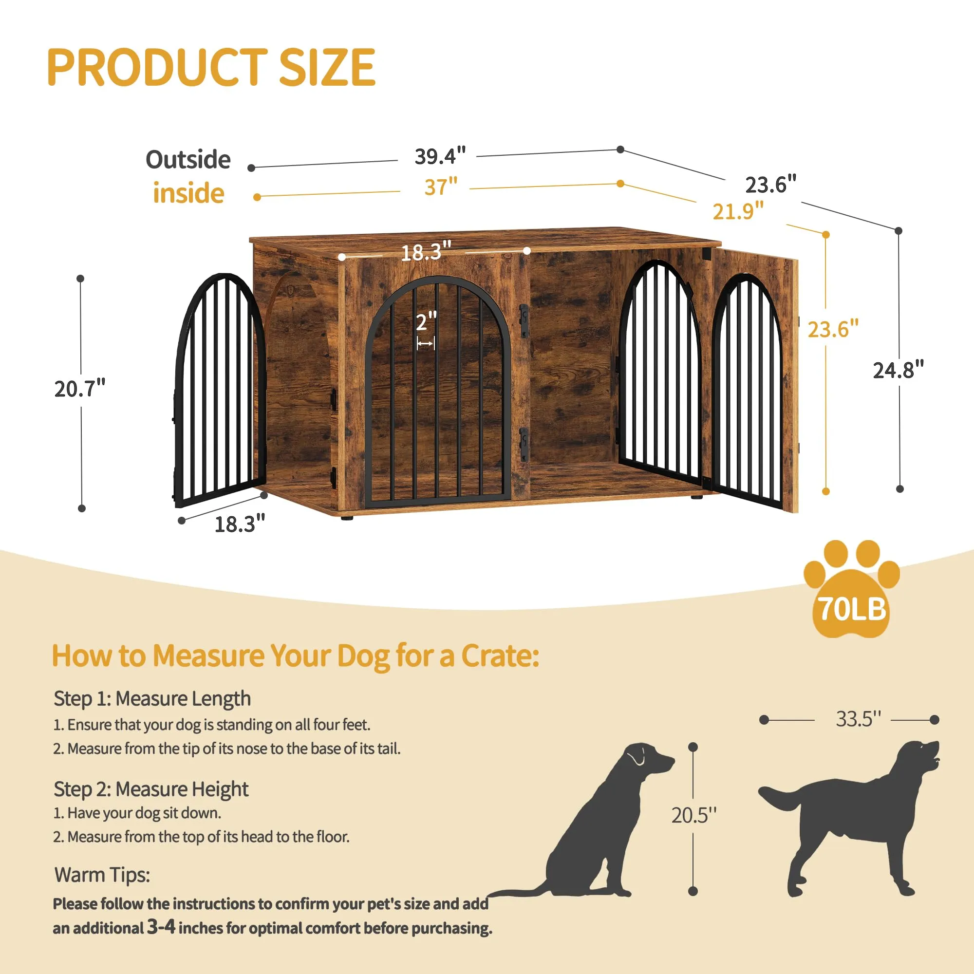 Hzuaneri 100cm Gabbia per Cani, Tavolo Supplemento, Cuccia Moderna per Cani Interno, Kennel cane Medio, Casetta per Animali, 3 porte, Porta ad arco, 60 x 100 x 63 cm, Marrone Rustico DFC84101B - immagine 2