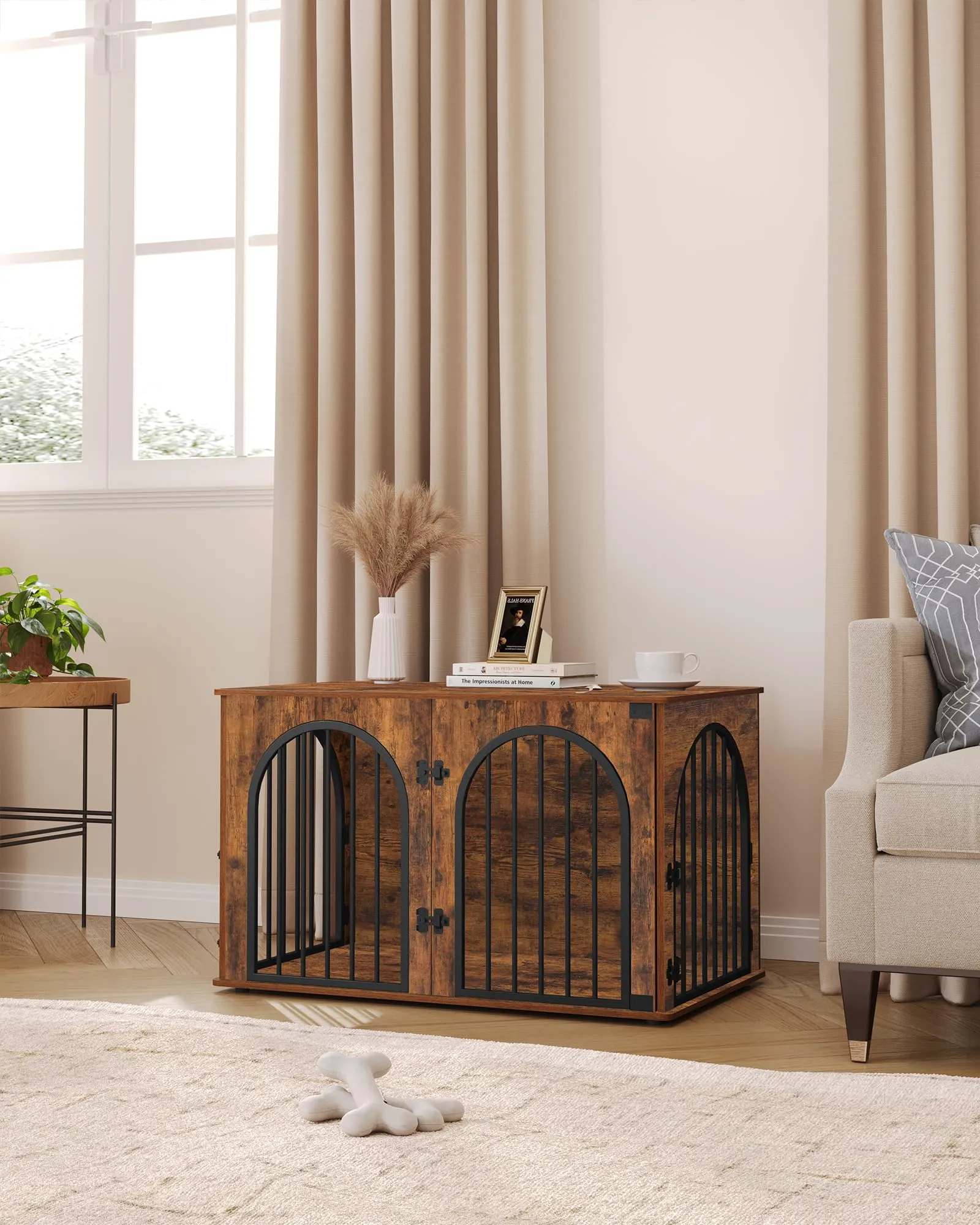 Hzuaneri 100cm Gabbia per Cani, Tavolo Supplemento, Cuccia Moderna per Cani Interno, Kennel cane Medio, Casetta per Animali, 3 porte, Porta ad arco, 60 x 100 x 63 cm, Marrone Rustico DFC84101B - immagine 3
