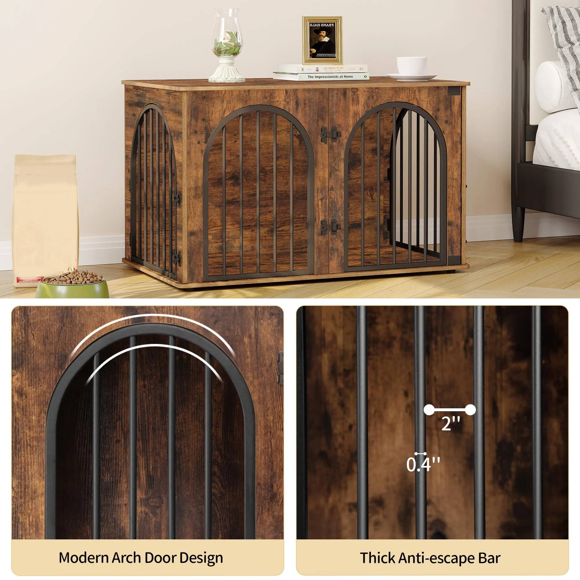 Hzuaneri 100cm Gabbia per Cani, Tavolo Supplemento, Cuccia Moderna per Cani Interno, Kennel cane Medio, Casetta per Animali, 3 porte, Porta ad arco, 60 x 100 x 63 cm, Marrone Rustico DFC84101B - immagine 6