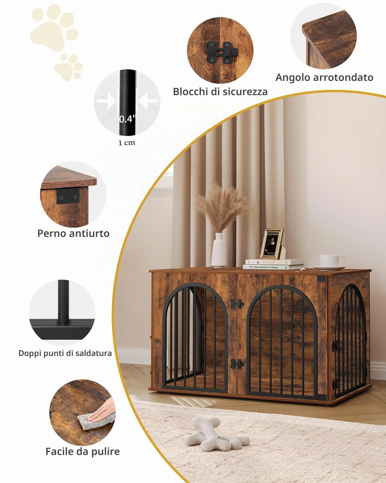 Hzuaneri 100cm Gabbia per Cani, Tavolo Supplemento, Cuccia Moderna per Cani Interno, Kennel cane Medio, Casetta per Animali, 3 porte, Porta ad arco, 60 x 100 x 63 cm, Marrone Rustico DFC84101B - immagine 7